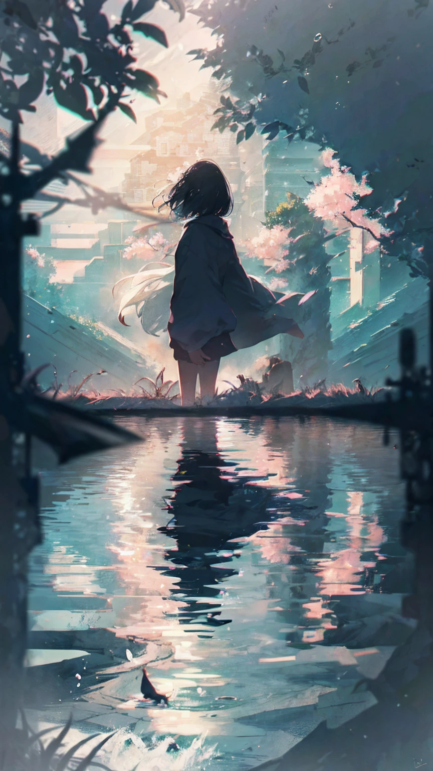 Product illustration for Girl in the Wind,cherry blossoms,water中で,water,black hair,short bob,white skin,Pale complexion,Light skin tone,face forward,Are standing