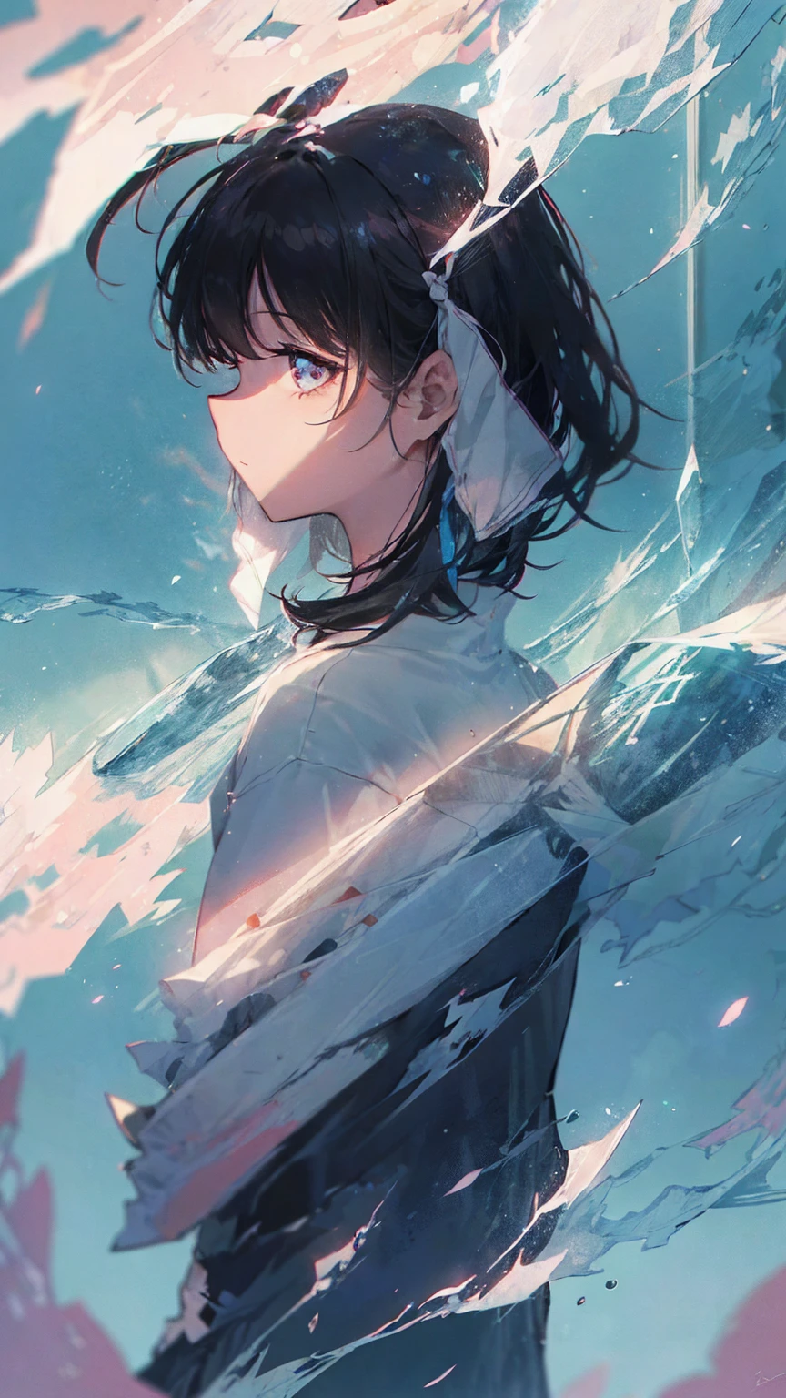 Product illustration for Girl in the Wind,cherry blossoms,water中で,water,black hair,short bob,white skin,Pale complexion,Light skin tone,face forward,Are standing