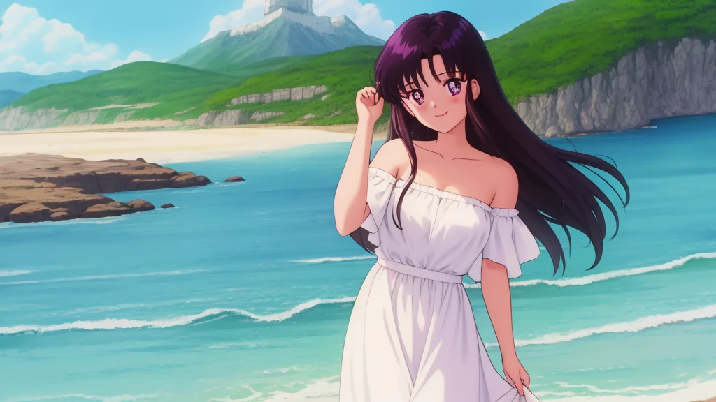 1990s \(style\), masterpiece, best quality, highres, outdoors, small breasts, 1 girl, Solo, ReiHino, Purple Eyes, Beautiful Detail Eyes, Long Black Hair, Straight Hair, Good hands are down, Smile, Blushing, Bare Neck, Bare Shoulders, strapless, White Ruffle Off-the-Shoulder Top, White maxi dress. Cowboy shot. A landscape of blue skies, a mountain, a far away pirate ship, an ocean with a beach. In the center.