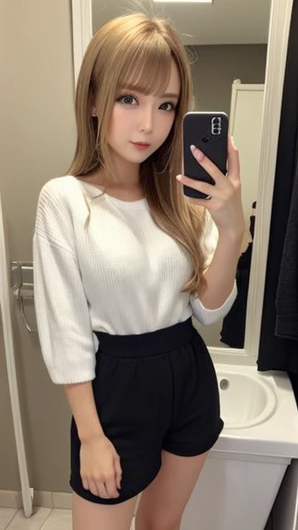 (生写真のような現実的なmasterpiece),((Photoreal)): 1.4, masterpiece, highest quality), ((Beautiful 15 year old girl)),((young face)),((height: 154cm)),((F cup bust)) ,((kind eyes)),(((droopy eyes))),((long blonde hair)),(Highly detailed face and skin texture), ((black skin)),(((looking at the viewer))),wet hair,bath towel,thin camisole,Light shorts,washroom,in front of the mirror,(no makeup),room wear