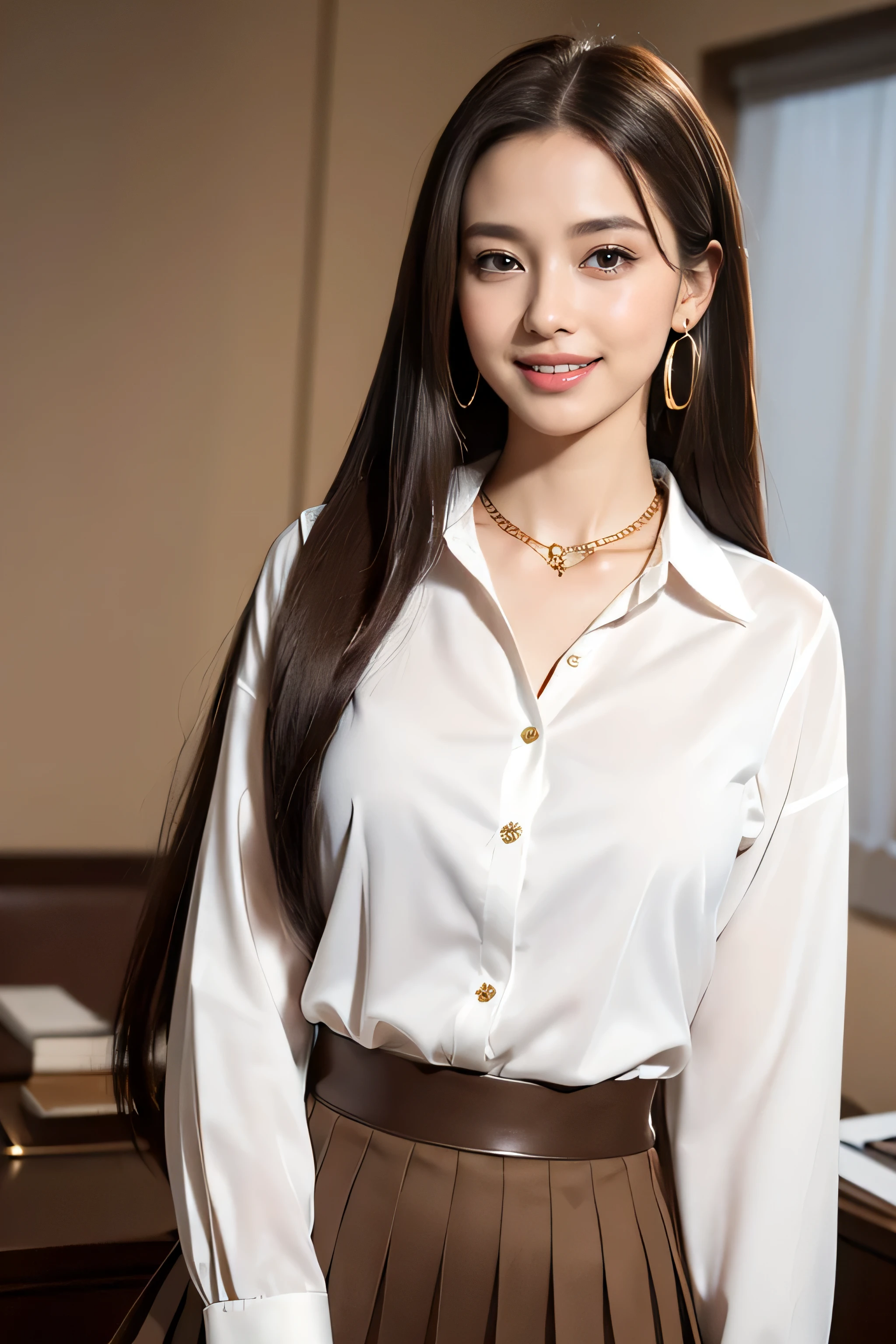 highest quality, masterpiece, 8K, ultra high resolution, (realistic: 1.4), 1 girl, beautiful face, symmetrical eyes, big, perfect body proportions, ((long hair))、((brown hair)), secretary、(luxury business suits)、The viewer&#39;s gaze, (president&#39;office、blurred background), Front view, Absolute area (1.3),friendly smile、seems kind、cowboy shot,((shy smile:1.3)),((gold necklace＿Large earrings:1.2)),((Long straight hair_Hair reaching down to the waist:1.3))、((White long sleeve button up blouse_with collar_Remove up to the second button＿Brown pleated mini skirt:1.3)),