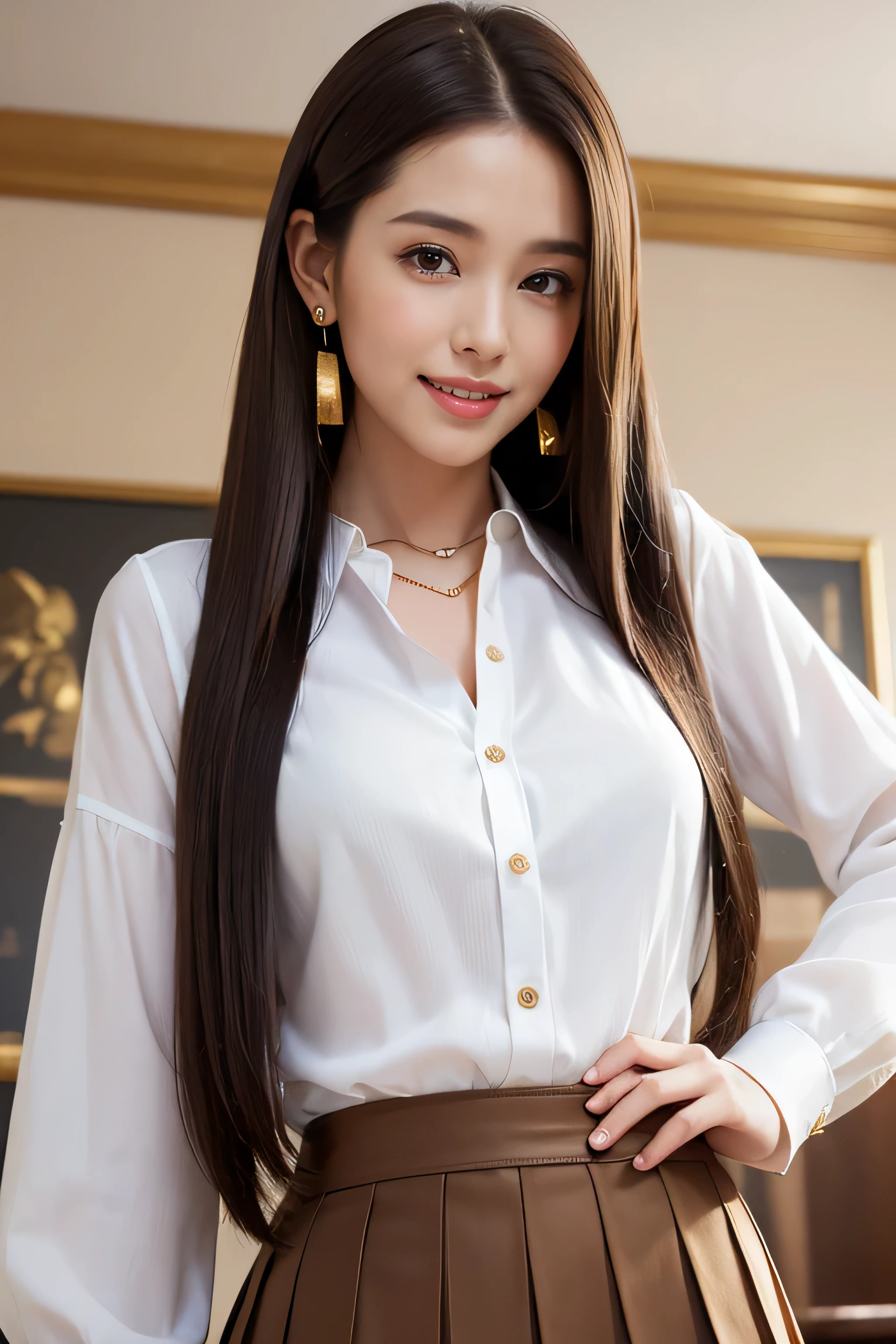 highest quality, masterpiece, 8K, ultra high resolution, (realistic: 1.4), 1 girl, beautiful face, symmetrical eyes, big, perfect body proportions, ((long hair))、((brown hair)), secretary、(luxury business suits)、The viewer's gaze, (president'office、blurred background), Front view, Absolute area (1.3),friendly smile、seems kind、cowboy shot,((shy smile:1.3)),((gold necklace_Large earrings:1.2)),((Long straight hair_Hair reaching down to the waist:1.3))、((White long sleeve button up blouse_with collar_Remove up to the second button_Brown pleated mini skirt:1.3)),((look down at the viewer,from below:1.5)),