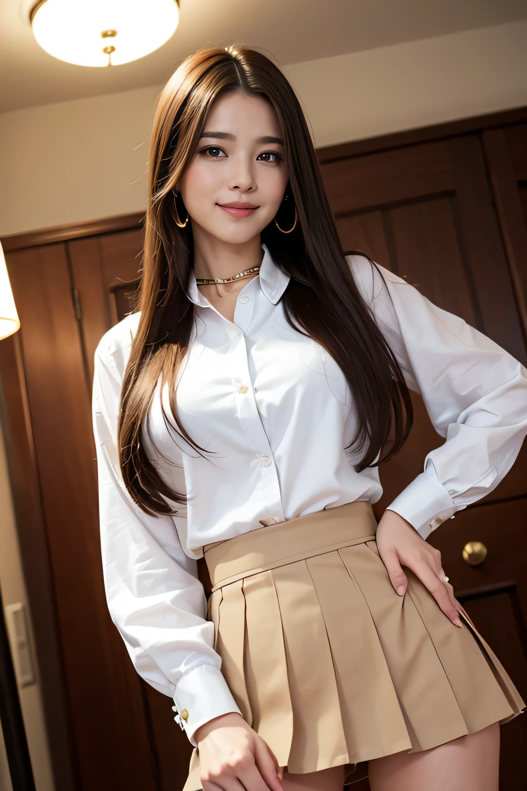 highest quality, masterpiece, 8K, ultra high resolution, (realistic: 1.4), 1 girl, beautiful face, symmetrical eyes, big, perfect body proportions, ((long hair))、((brown hair)), secretary、(luxury business suits)、The viewer&#39;s gaze, (president&#39;office、blurred background), Front view, Absolute area (1.3),friendly smile、seems kind、cowboy shot,((shy smile:1.3)),((gold necklace＿Large earrings:1.2)),((Long straight hair_Hair reaching down to the waist:1.3))、((White long sleeve button up blouse_with collar_Remove up to the second button＿Brown pleated mini skirt:1.3)),((look down at the viewer,from below:1.5)),