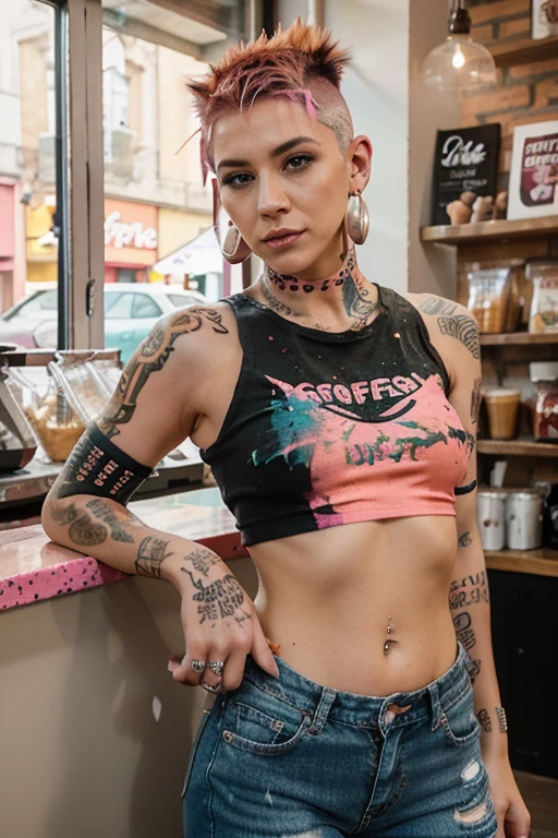 Pink & Orange Hair, Paint splattered top. fishnet sleeves, Jeans, Facial Piercings, ripped jeans, Cool Shape Shave, Multiple Ear Piercings, Mohawk-Inspired One-Side Buzz Cut, coffee shop background, takeaway costa coffee cup. big ,
