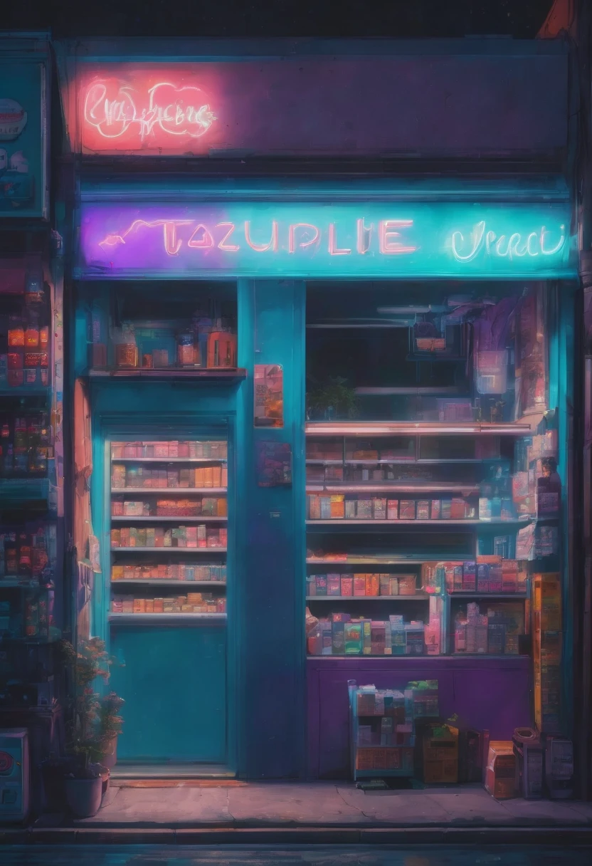 1girl, midnight convenience store, aesthetic, Neon Night page, vibrant city lights, dimly lit shelves full of snacks and drinks, a cashier with tired eyes, fluorescent lighting casting a soft glow, late-night customers browsing the aisles, flickering neon signs outside the store, a sense of mystery and solitude, a hazy atmosphere with a touch of nostalgia, cinematic and atmospheric, high-res details capturing the smallest nuances, a combination of realism and dream-like quality, urban aesthetic blending with a hint of surrealism, cool blue and purple tones, soft shadows and subtle highlights, an ambiance that evokes a sense of tranquility and possibility in the midst of the night.