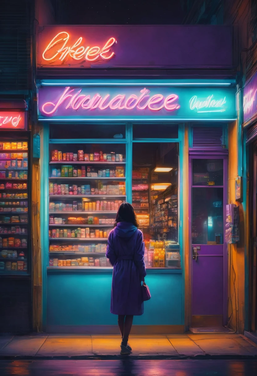 1girl, midnight convenience store, aesthetic, Neon Night page, vibrant city lights, dimly lit shelves full of snacks and drinks, a cashier with tired eyes, fluorescent lighting casting a soft glow, late-night customers browsing the aisles, flickering neon signs outside the store, a sense of mystery and solitude, a hazy atmosphere with a touch of nostalgia, cinematic and atmospheric, high-res details capturing the smallest nuances, a combination of realism and dream-like quality, urban aesthetic blending with a hint of surrealism, cool blue and purple tones, soft shadows and subtle highlights, an ambiance that evokes a sense of tranquility and possibility in the midst of the night.