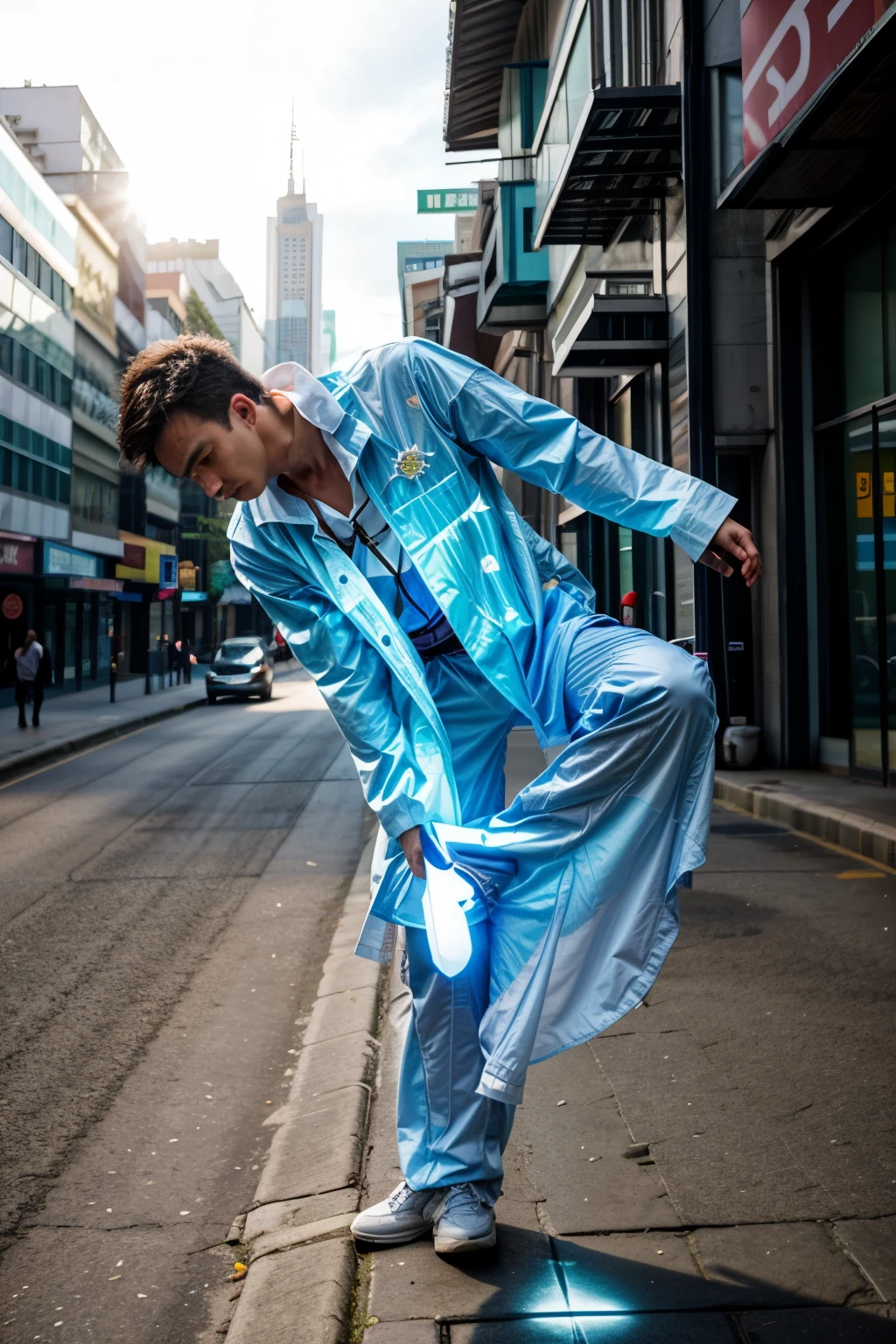 The man in futuristic outfit, promotional photo, in city street:1.66, natural lighting, realistic, photorealistic, Asian man