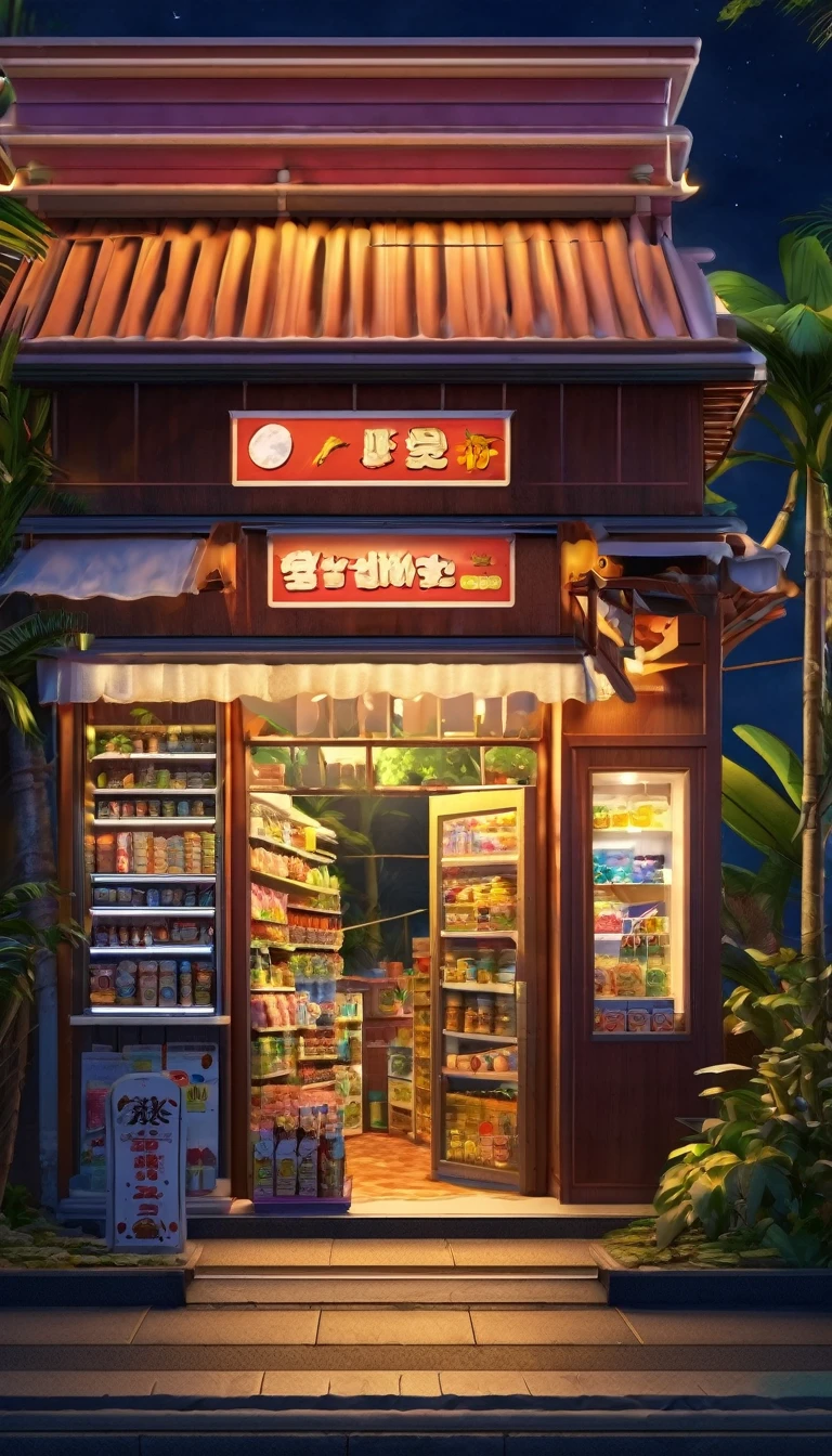 midnight convenience store, small family convenience store on tropical island, night, midnight, fullmoon, open store,, (masterpiece:1.2), best quality, high resolution, beautiful detailed, extremely detailed, perfect lighting,