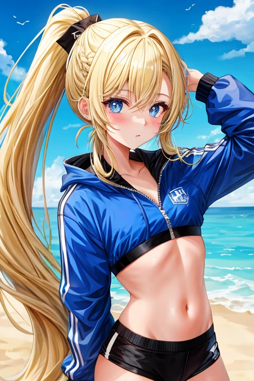 The girl with her hair in a ponytail with long blonde hair and blue pupils has a slightly tomboyish style