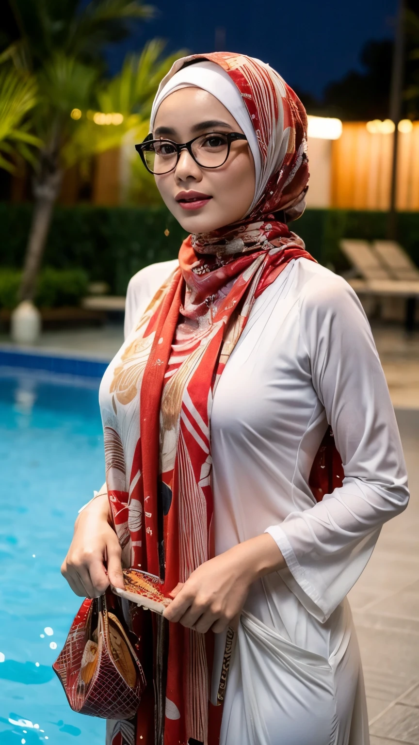 cinematic silhouette of an Indonesian girl with hijab and glasses, soaking wet while swimming in a swimming pool at night behind her there are a lot of people, facing the camera wearing tight traditional Balinese clothing, the top is slightly open and there is an aesthetic transparent red and white scarf until her nipples stick out. The photo is so detailed that the texture of the pores is visible