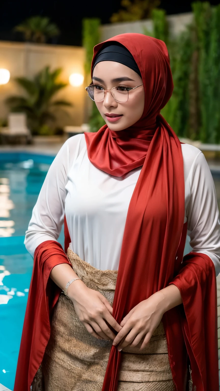 cinematic silhouette of an Indonesian girl with hijab and glasses, soaking wet while swimming in a swimming pool at night behind her there are a lot of people, facing the camera wearing tight traditional Balinese clothing, the top is slightly open and there is an aesthetic transparent red and white scarf until her nipples stick out. The photo is so detailed that the texture of the pores is visible