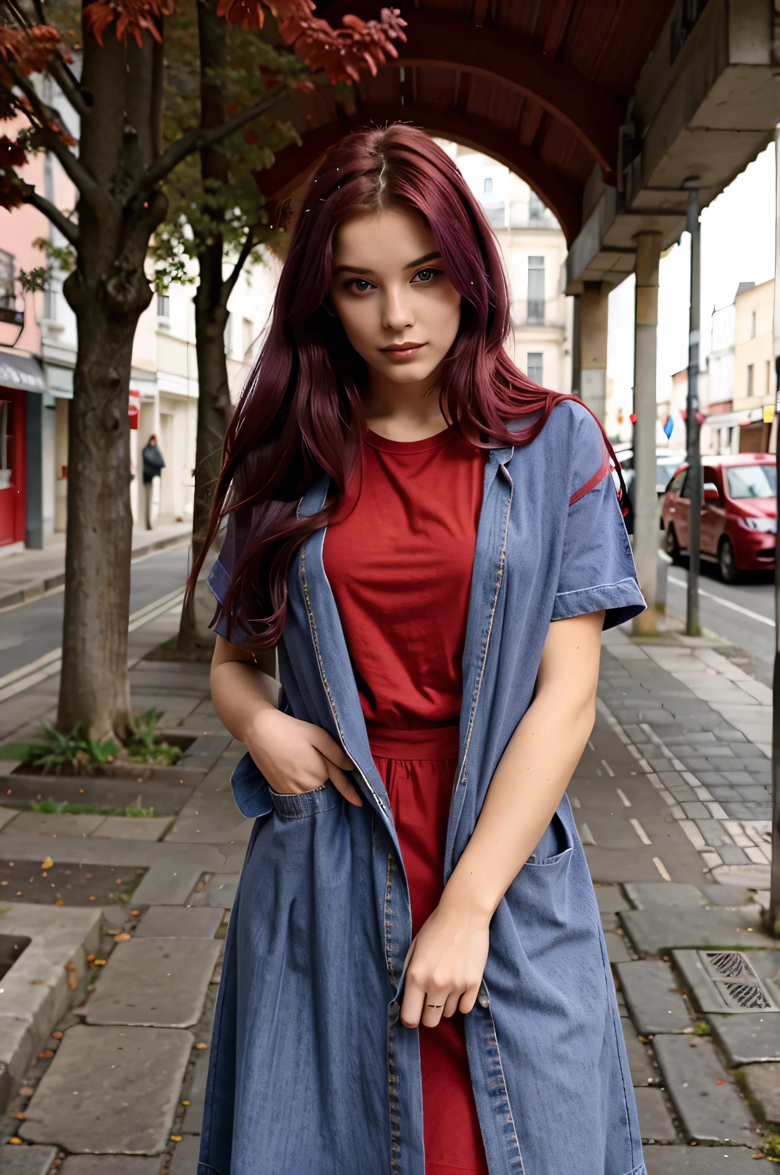 jeune fille de 20 ans au cheveux tres long violet avec une veste ROUGE, habiller en ROUGE, vetue de ROUGE, OUTFIT RED, une tenue rouge, tshirt rouge RED rouge, habiller rouge mode, robe rouge, tenue vestimentaire rouge