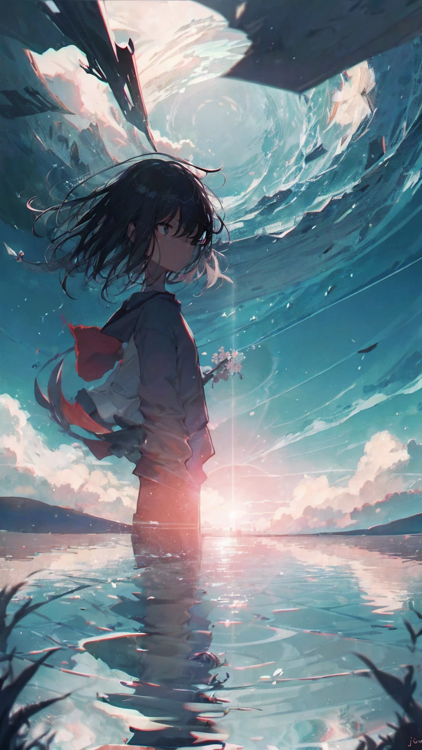 Product illustration for Girl in the Wind,cherry blossoms,water中で,water,black hair,short bob,white skin,Pale complexion,Light skin tone,face forward,Are standing,night,milky way