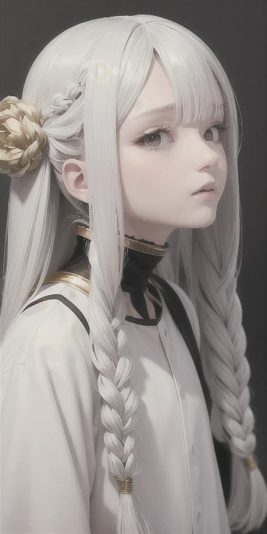 highest quality, masterpiece,gray hair, gold eyes,white clothes, look up, Upper body,hair bundle,Fair skin,side braids