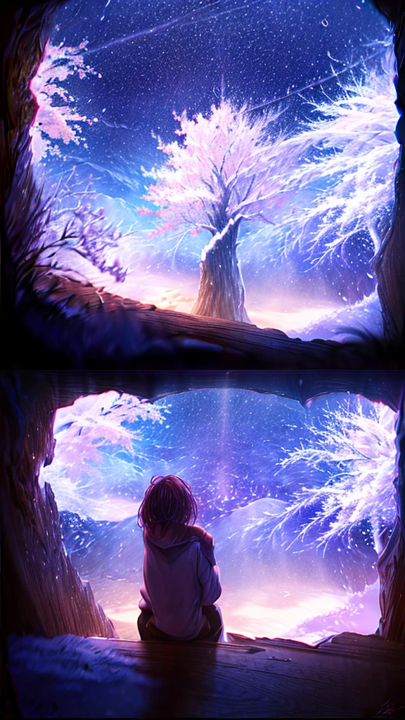 Describe the scene with the giant glowing cherry tree., starry sky,Colorful nebulae and your favorite constellations,There are no people,background only,milky way,Cherry blossom trees