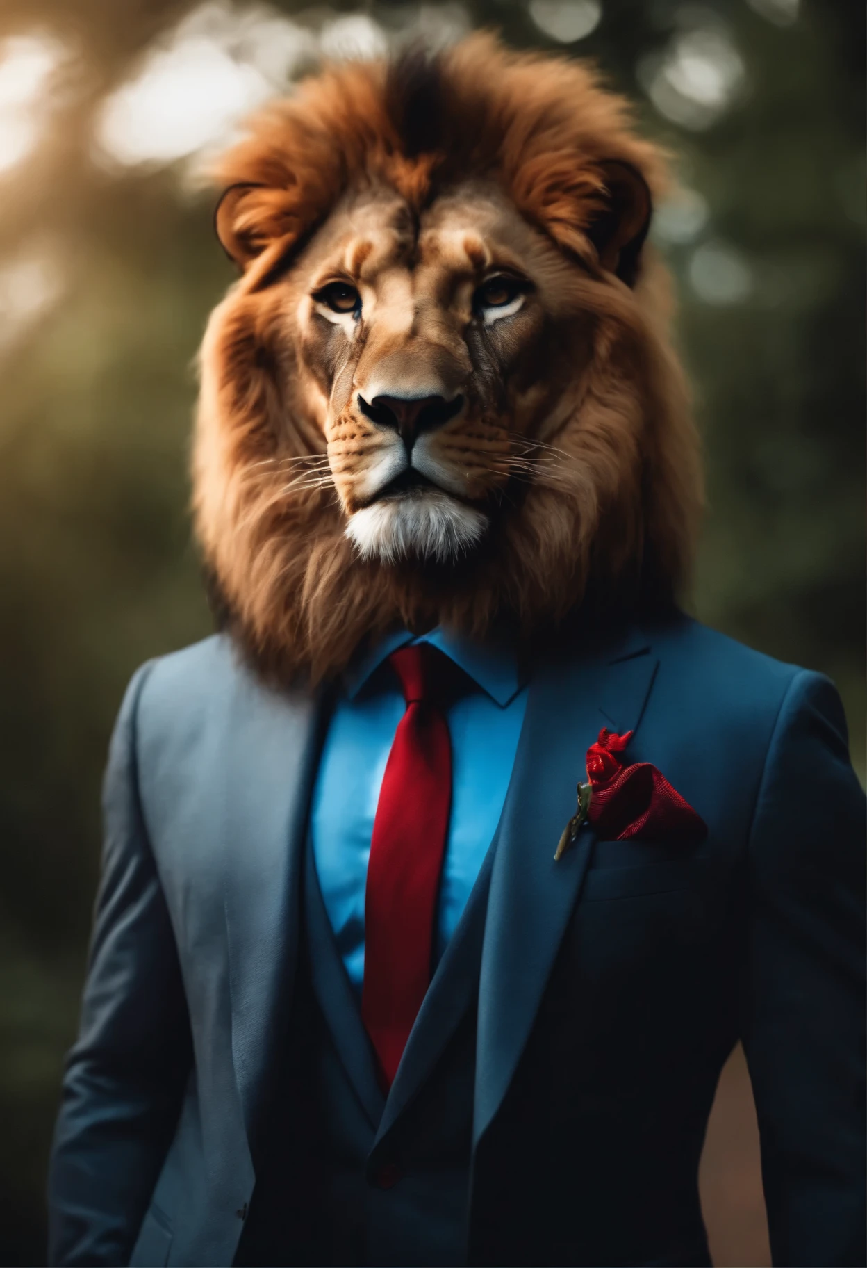 (full-body lion, lion head human body),(wearing blue suit and red tie),(cinematic style,4K),(best quality,realistic,professional), (detailed mane),(sharp focus),(vivid colors),(lighting effects),(portrait),(high resolution),(bokeh)