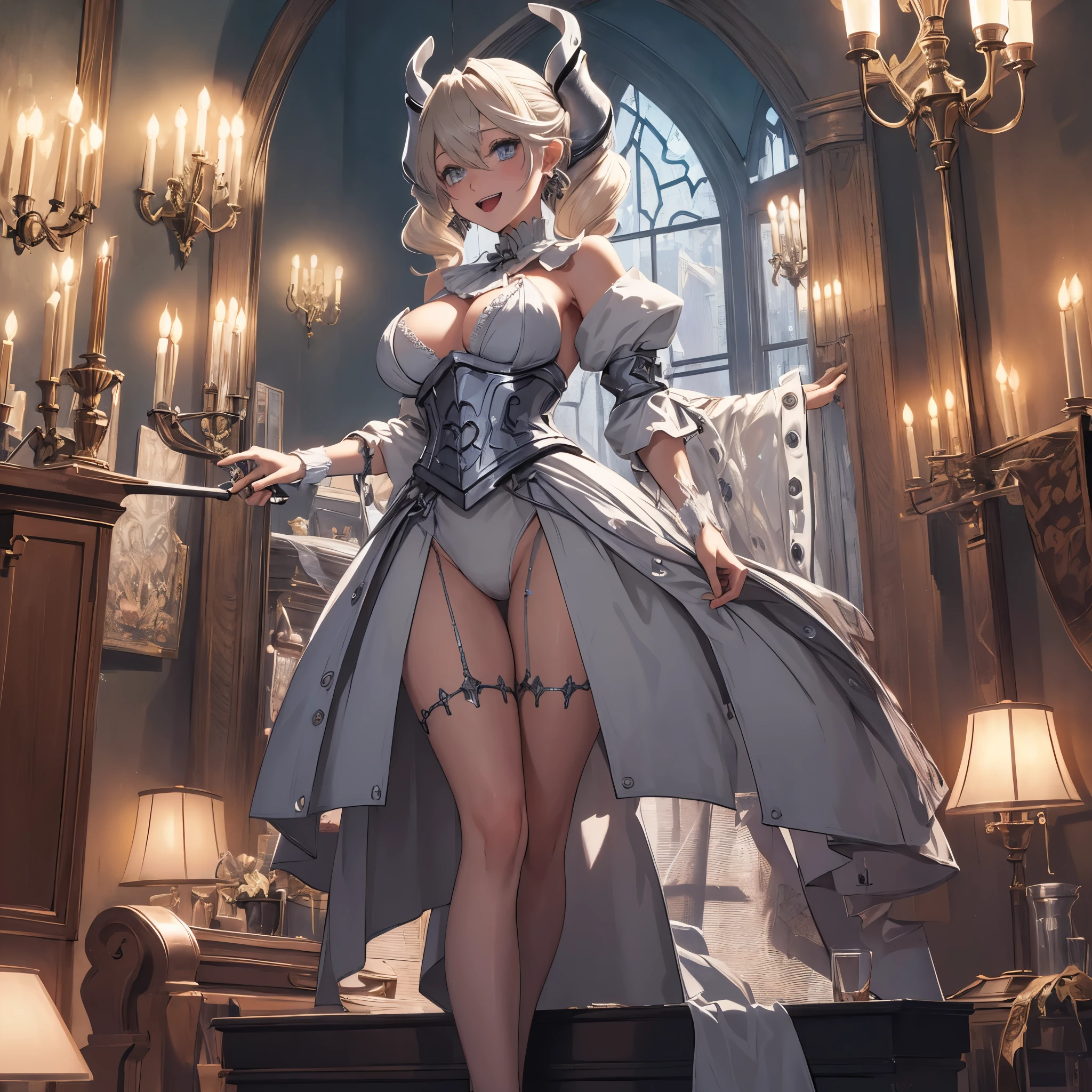 ((masterpiece)),(best quality), ((extremely detailed CG unity 4k wallpaper)),(cinematic lighting), (an extremely delicate and beautiful girl:1.3),face, fixed eye, hand fixed (++blonde hair++), silver eyes, long hair, jewelry,earrings, :d, maid, labrynth,
Large breast ,(Crystal chandelier), horn ,indoor , curve hip, view from behind , all body , leg fixed , full body , torture chamber, carring whip,