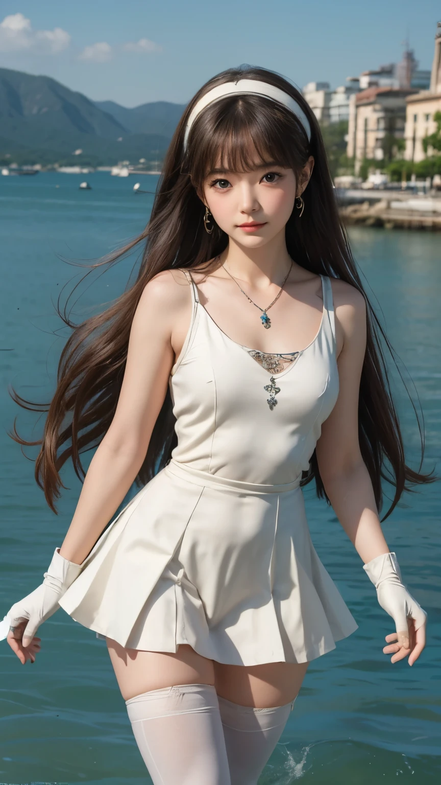 ((highest quality)), ((masterpiece)), ((1 girl)), ((photograph, Realistic)),  alone, ferry, ((long hair)), ferryBase, ((Thighhighs)), bare shoulders, ((jewelry)), ((sleeveless)), white dress, blue skirt, ((gloves)), thigh height,