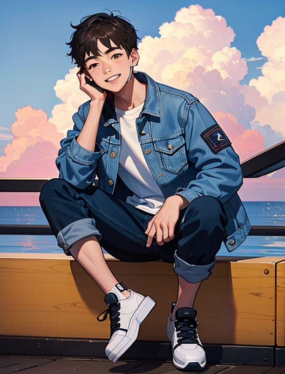 A young boy with，Wear a denim jacket，Wear sneakers，With a headset，Happy，Sitting in a coffee shop drinking coffee，Looking at the clouds in the sky，Close-up full-body photo，Ultra-high definition