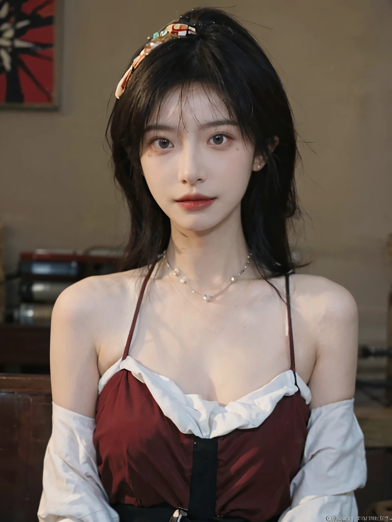 Film portrait photography, 1 girl, bare shoulders,lipstick,(flat chest:1.4), meatball head, wear necklace,Cute expression,Exquisite makeup,earrings,hairpin,Red suspenders,serene, calm, (Realistic and detailed eyes, natural skin texture, Realistic facial details), Soft dramatic lighting, depth of field, Bokeh, Vibrant details, Detailed and detailed, surreal, 35mm film, hazy, ,