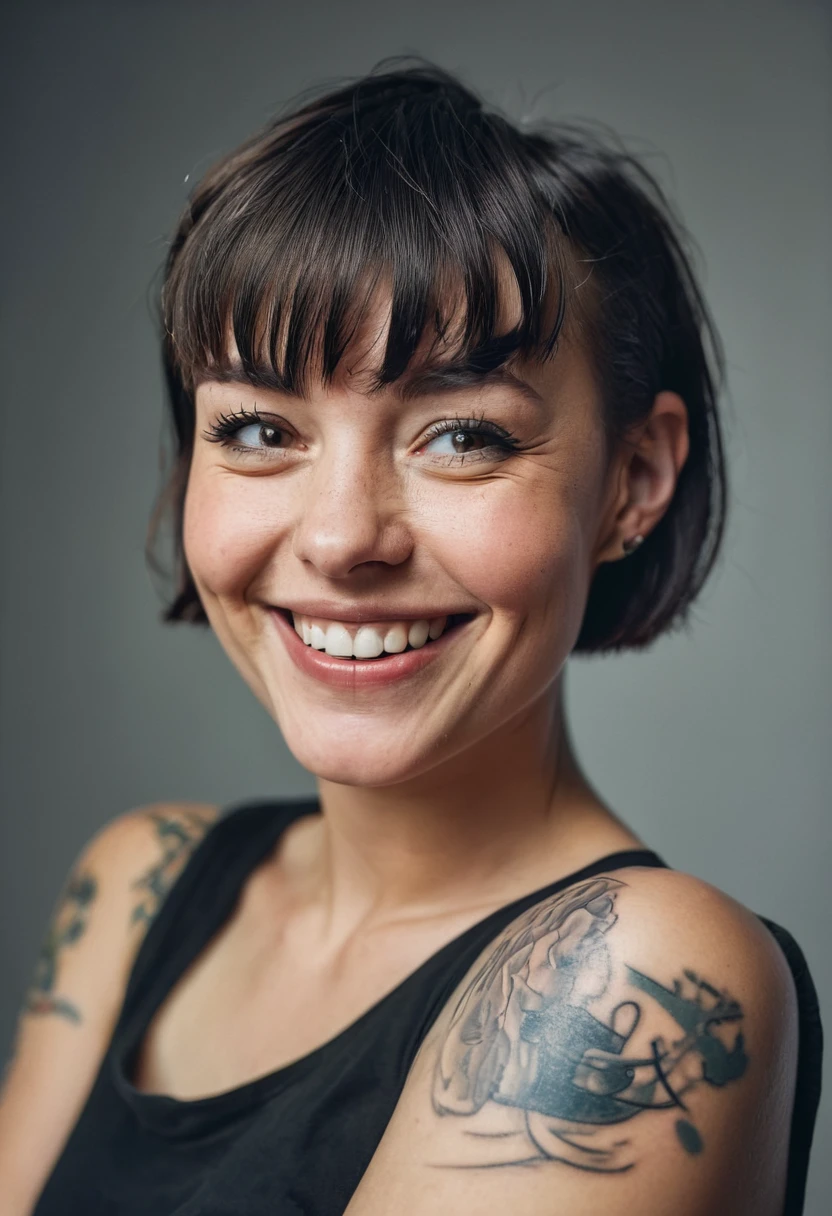 a smiling woman with a tattoo on her arm, a portrait, altermodern, with short hair with bangs, high res photo