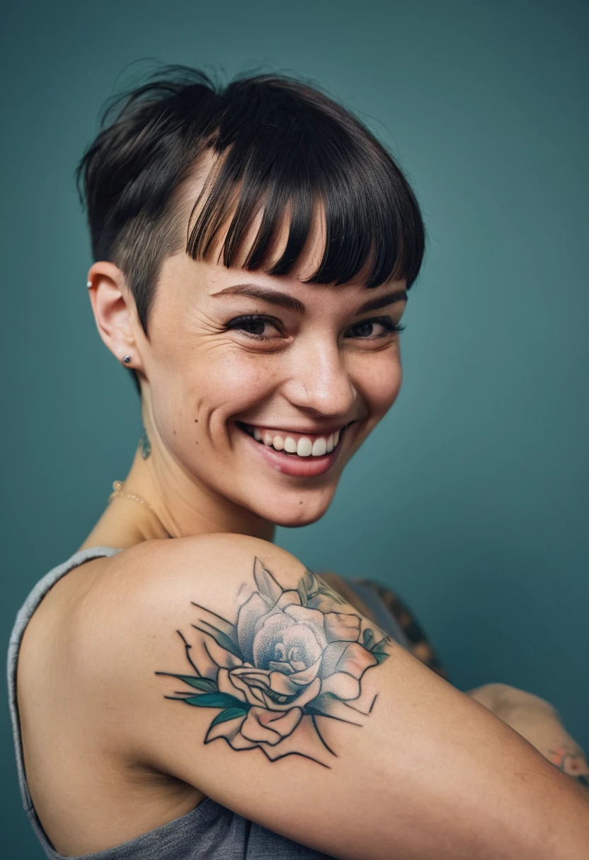 a smiling woman with a tattoo on her arm, a portrait, altermodern, with short hair with bangs, high res photo