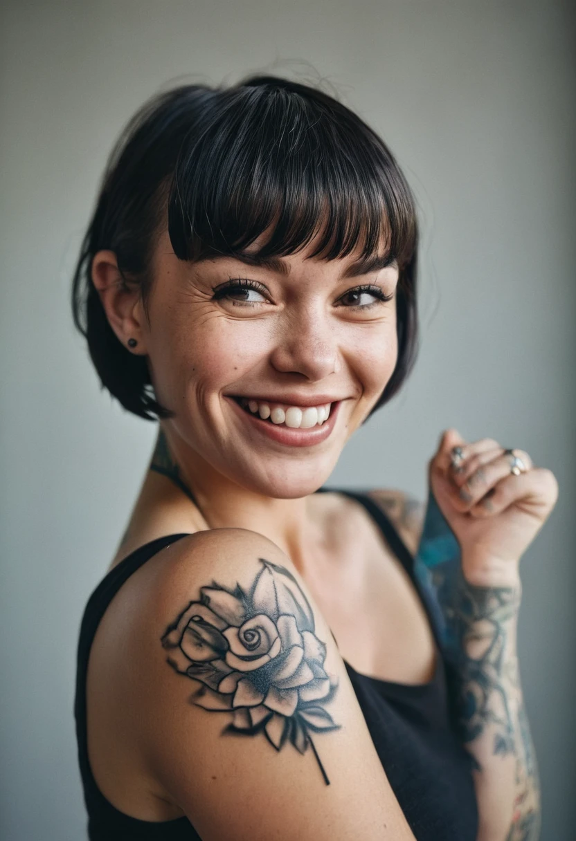 a smiling woman with a tattoo on her arm, a portrait, altermodern, with short hair with bangs, high res photo
