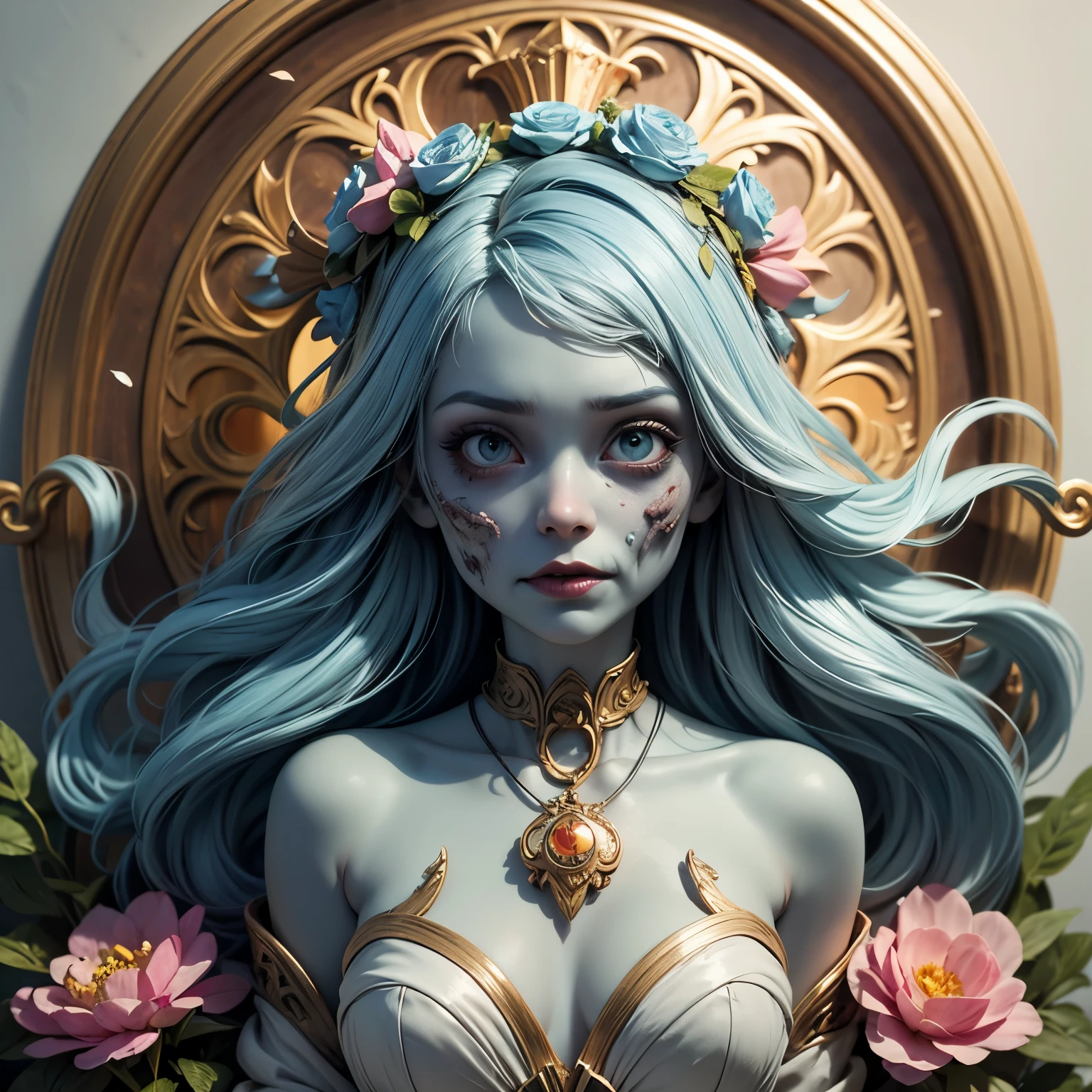 An ultrafine detailed watercolor painting of a gorgeous undead zombie with flowers in her hair, in the style of Alphonse Maria Mucha and Gustav Kilmt, art nouveau accents, (undead zombie:1.2), anthropomorphic female, female figure, detailed cover artwork, as the goddess of the flowers, Alphonse Mucha, Gustav Klimt, pale bluish skin, a marble sculpture, cgsociety, gothic art, art nouveau, behance contest winner