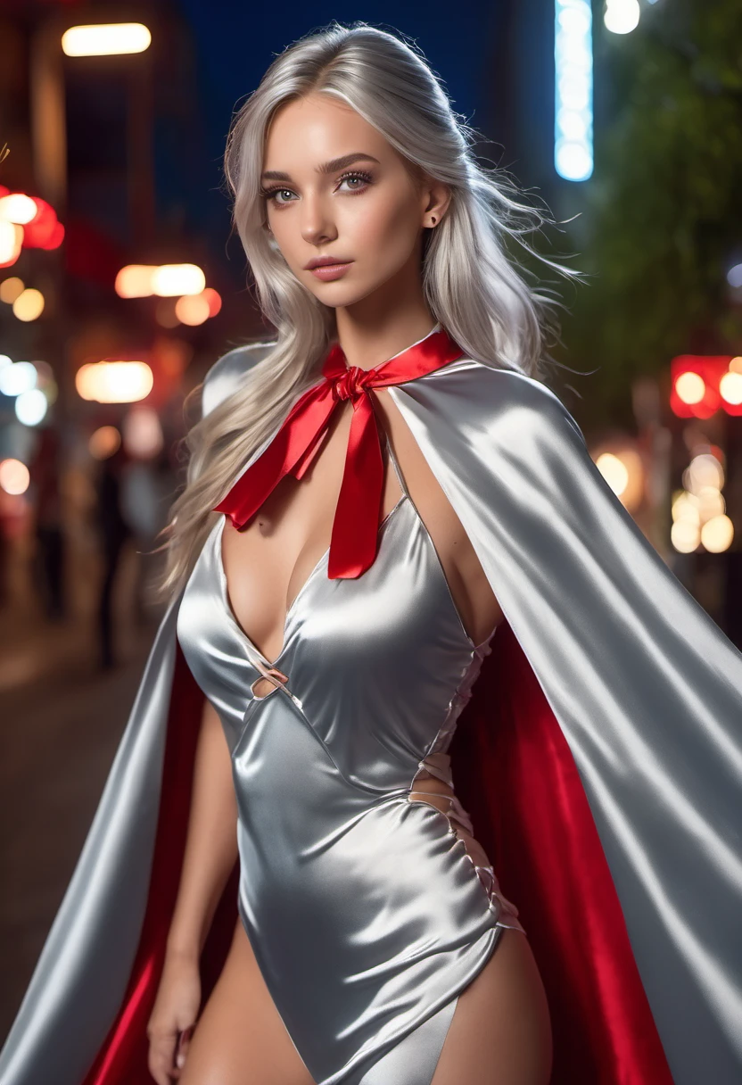 (RAW Photo) , (highly detailed:1.20) , ultra realistic :1.10) ,sexy girl in her 20s , (perfect face:1.20) , (detailed red eyes:1.20) , with long silver hair in ponytail , (((long silver satin cape tied at the neck with a ribbon :1.20))) , naked  , full body, walking down street at night , high-quality ultra realistic style, detailed eyes, professional, expressive , 8K , highly detailed , professional,