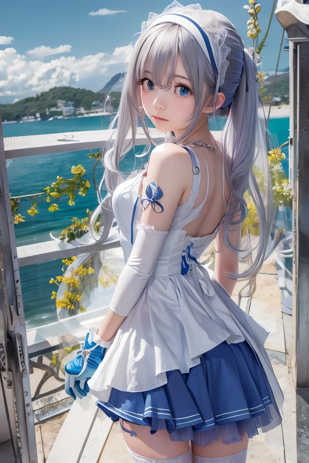 ((highest quality)), ((masterpiece)), ((1 girl)), ((photograph, Realistic)),  alone, ferry, ((long hair)), ferryBase, ((Thighhighs)), bare shoulders, ((jewelry)), ((sleeveless)), white dress, blue skirt, ((gloves)), thigh height,