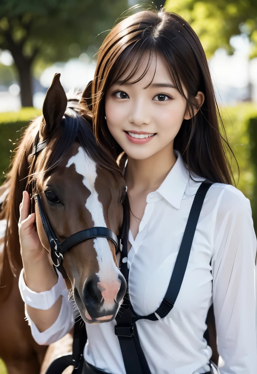 (masterpiece, best quality:1.1), (8k, raw photo, photo realistic:1.2, f22), (shiny skin), detailed skin, long hair,detailed face, detailed eyes, smile,BREAK, real world, intricate details, smil, BREAK, 1girl, (white shirt), BREAK, (horse riding:1.4), BREAK