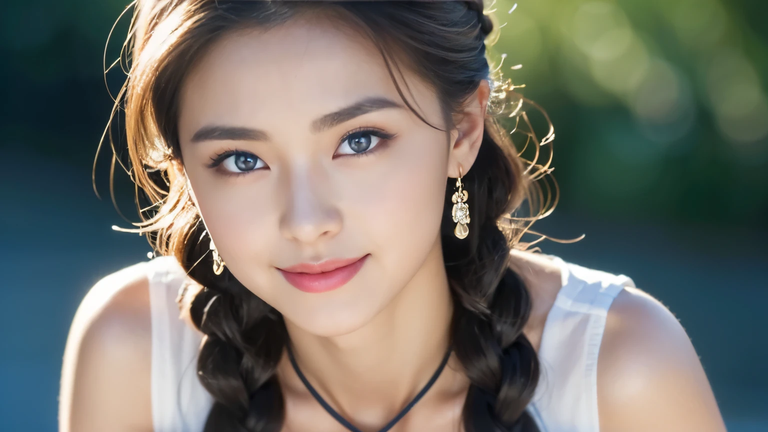 (((32k,very high resolution, high detail, very accurate,傑作girl1))),Raw photo & realistic atmosphere,beautiful dark blue eyes,detailed mouth,glossy lips,fine eyebrows,Soft white skin that shines in every detail,,detailed eyes、Very beautiful eyes with deep blue eyes,lip details、very beautiful face,very well-shaped face、lifelike face,glossy beautiful lips,beautiful eyebrows,infinite reality,best design,(A very cute and modest 18 year old Japanese girl.,,toned body,Perfect Gal Leader Model,Beautifully shaped breasts,とても可愛い美girlです,girl:1.5),best natural makeup,japanese id,korean idol,Young sensual idols,Moist eyes,dark beautiful eyes,beautiful butt,beautiful feet,,camel's foot,:1.3),超A high resolution、,natural and realistic face,Backlight,Her pure eyes are too cute,(((photorealism,Take a full body photo))),,reality live action,(simple earrings,necklace,nail art,Sheer blouse,Her hair is a mixture of blonde and blue and tied in a braid.,solo,,smile slightly,Full body Esbian:1.7),(Full Body Fashion:1.8),(Cute pendant)