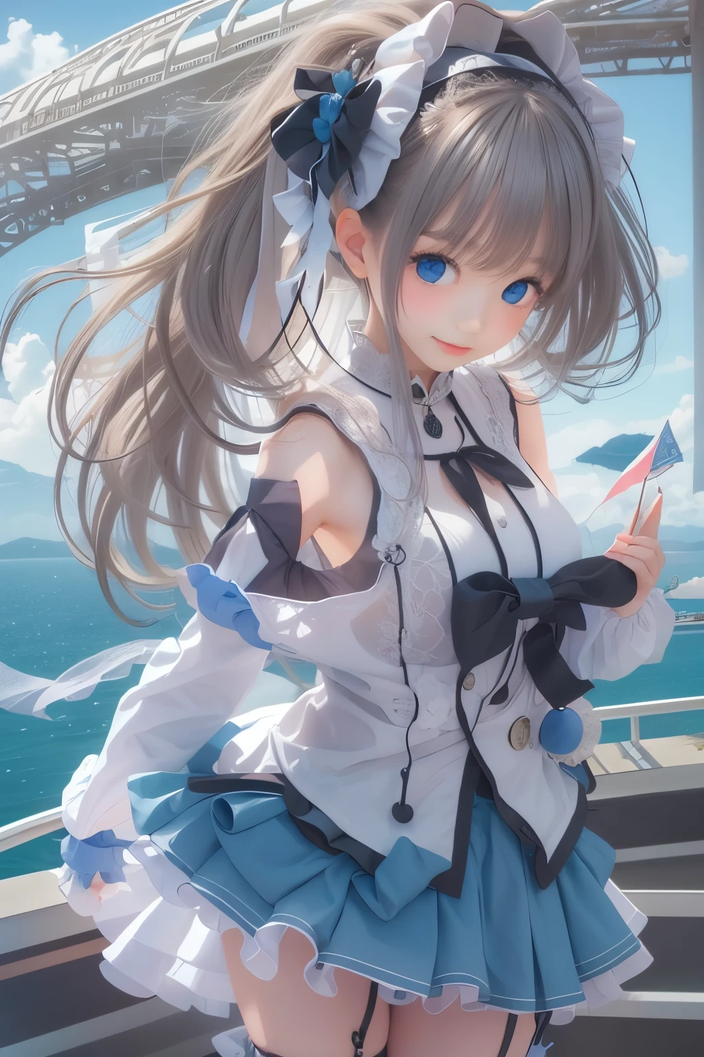 ((highest quality)), ((masterpiece)), ((1 girl)), ((photograph, Realistic)), alone, ferry, ((long hair)), ferryBase, ((Thighhighs)), bare shoulders, ((jewelry)), ((sleeveless)), white dress, blue skirt, ((gloves)), thigh height,