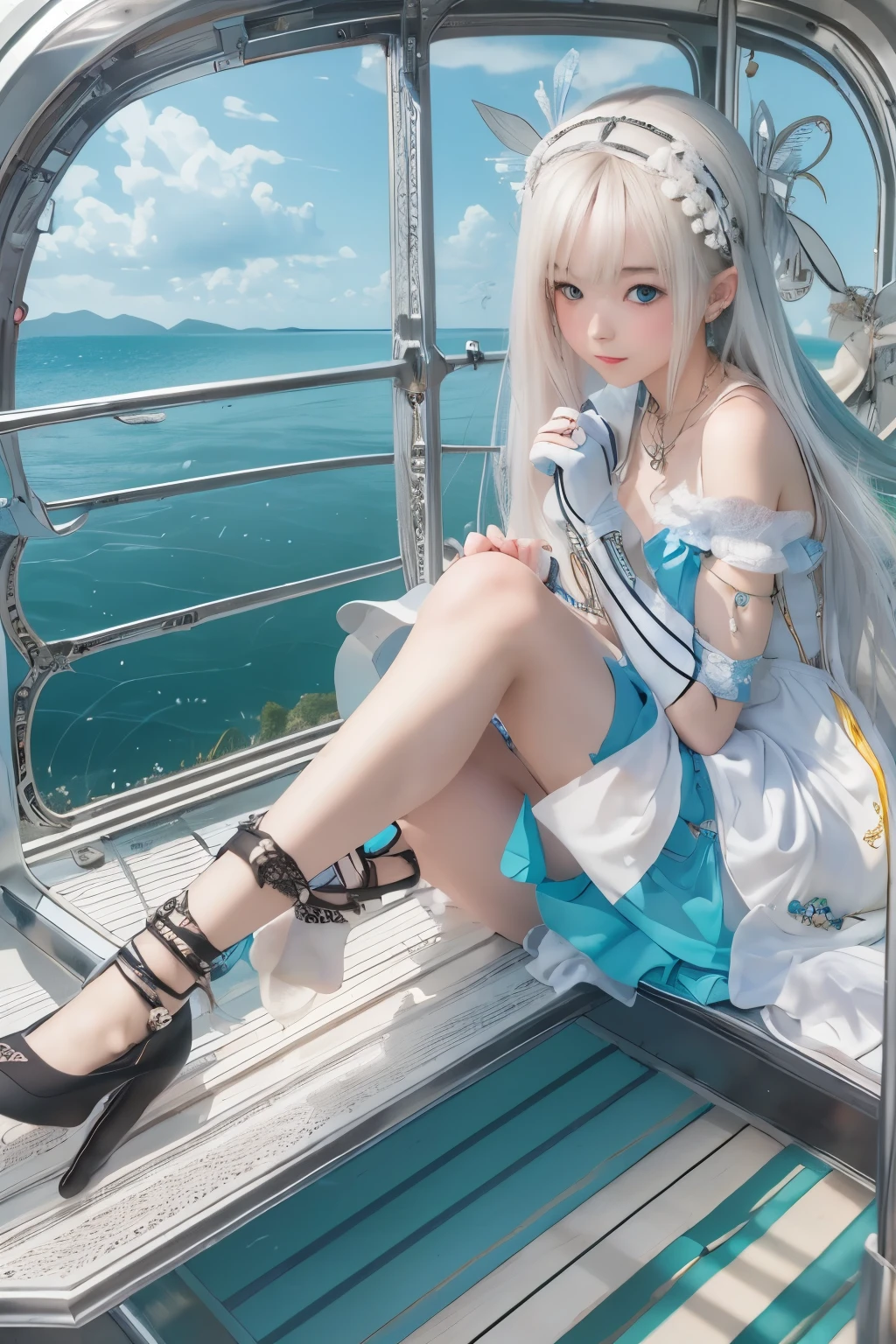 ((highest quality)), ((masterpiece)), ((1 girl)), ((photograph, Realistic)), alone, ferry, ((long hair)), ferryBase, ((Thighhighs)), bare shoulders, ((jewelry)), ((sleeveless)), white dress, blue skirt, ((gloves)), thigh height,