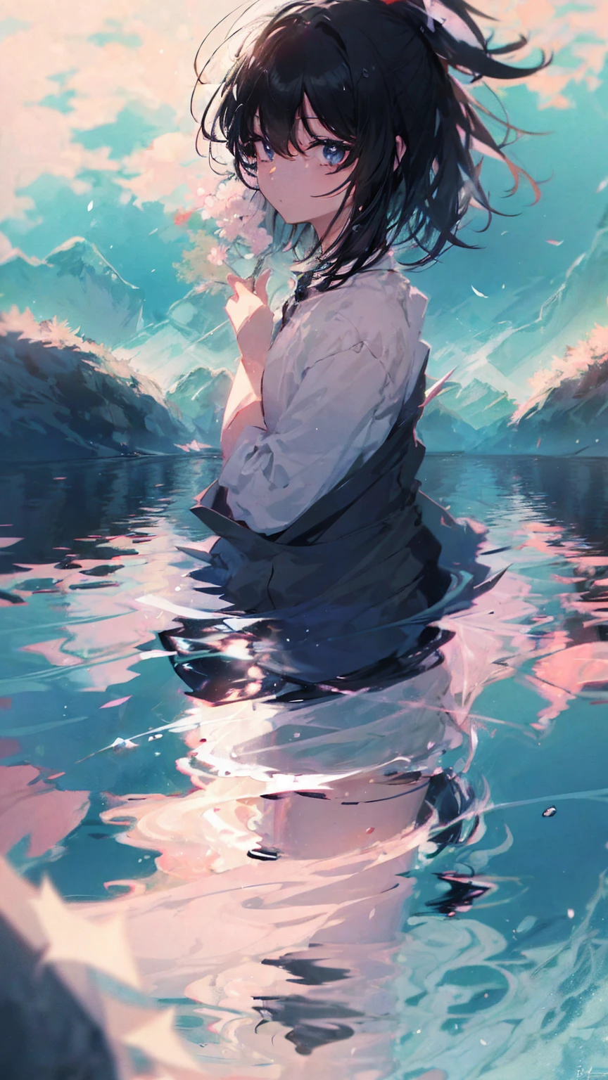 Product illustration for Girl in the Wind,cherry blossoms,water中で,water,black hair,short bob,white skin,Pale complexion,Light skin tone,face forward,sitting