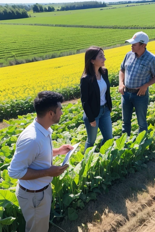 Farmers and agronomists discuss strategies in a field, highlighting the importance of communication, team management, negotiation, leadership and influence for success in agriculture