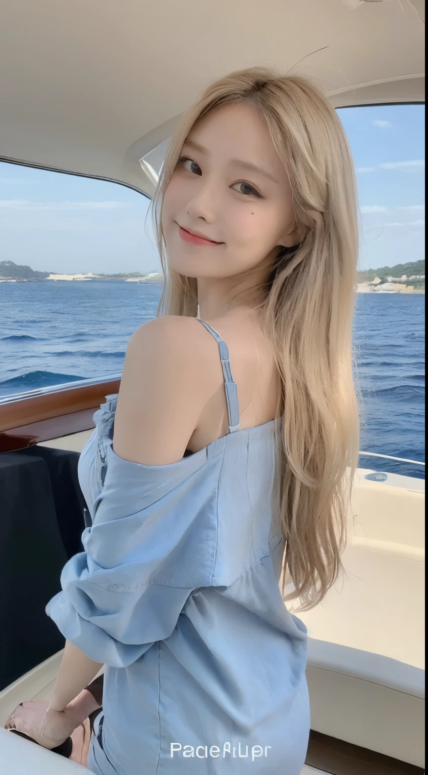 ((Best Quality, 8K, Masterpiece: 1.3)), , Focus: 1.2, Perfect Body Beauty: 1.4, Buttocks: 1.2, ((Layered Haircut: 1.2)), (Dark Street: 1.3), Highly Detailed Face and Skin Texture, Full Body, Fine Eyes, Double Eyelids, Whitened Skin, Long Curly blonde Hair, (Round Face: 1.5), (Casual Top Summer Cool: 1.6). Smile Standing on a yacht in the sea and looking at the sea
