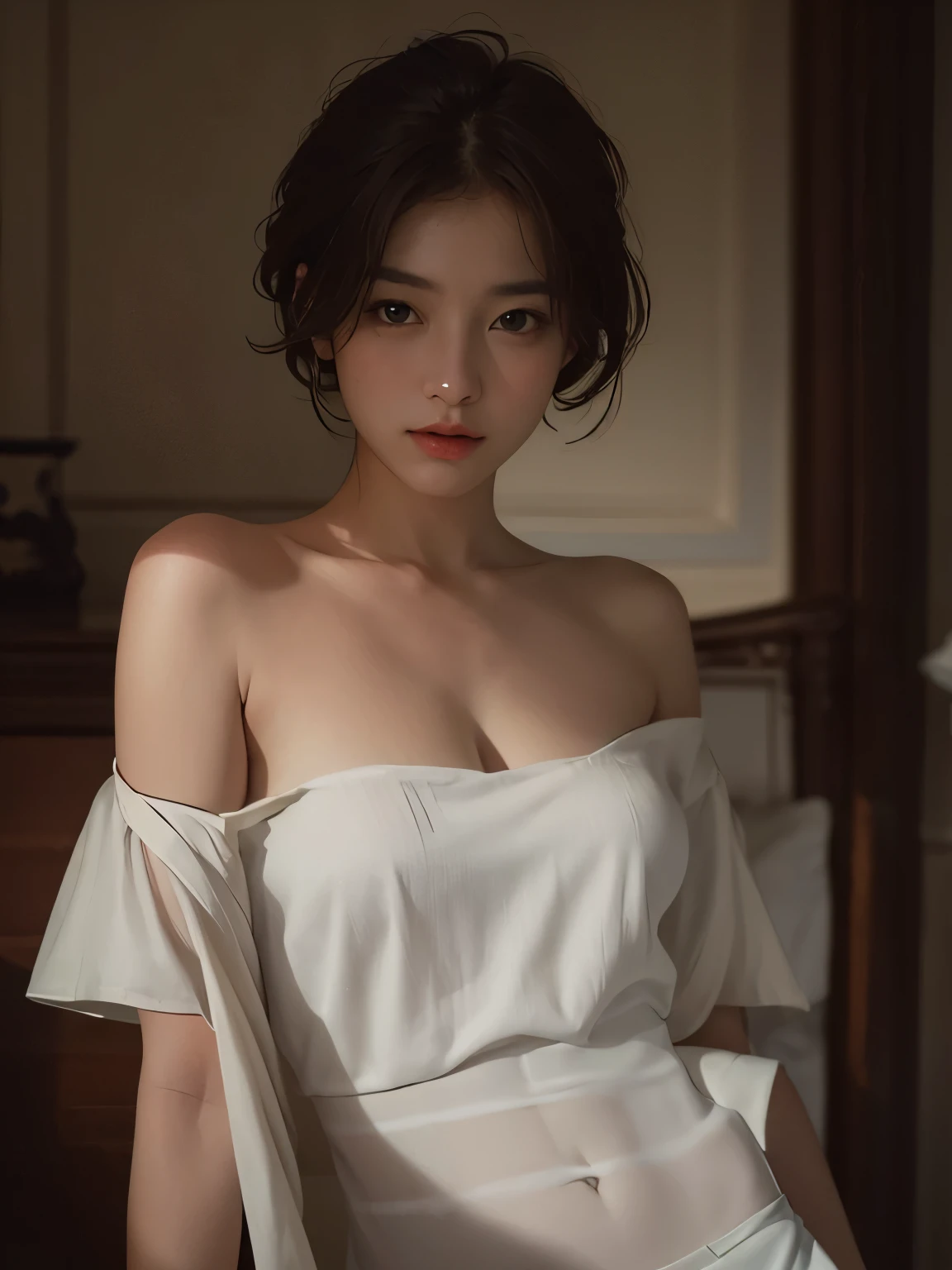 Best quality, masterpiece, ultra high res, (photorealistic:1.5), raw photo, 1girl, offshoulder, in the dark, deep shadow, low key, cold light, sexy look, short hair