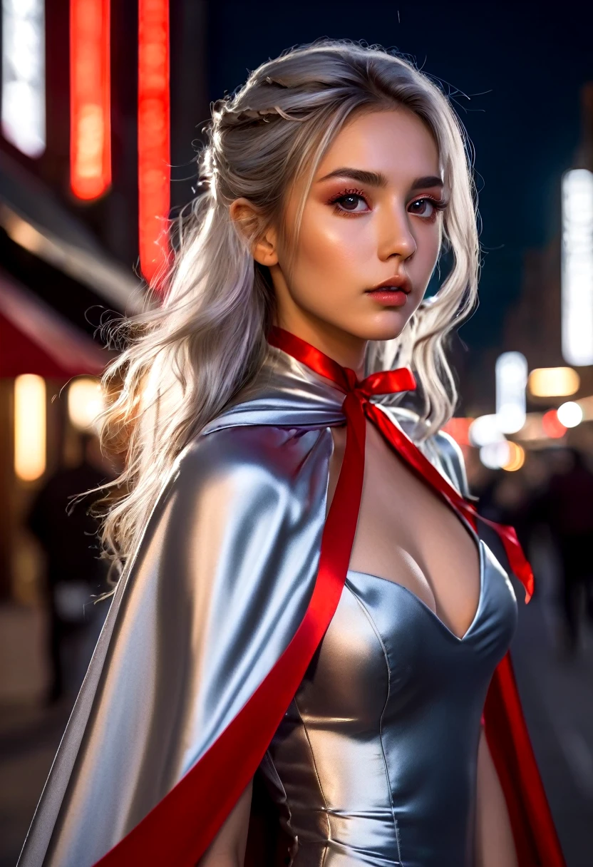 (RAW Photo) , (highly detailed:1.20) , ultra realistic :1.10) ,sexy girl in her 20s , (perfect face:1.20) , (detailed red eyes:1.20) , with long silver hair in ponytail , (((long silver satin cape tied at the neck with a ribbon :1.20))) , naked , full body, walking down street at night , high-quality ultra realistic style, detailed eyes, professional, expressive , 8K , highly detailed , professional,