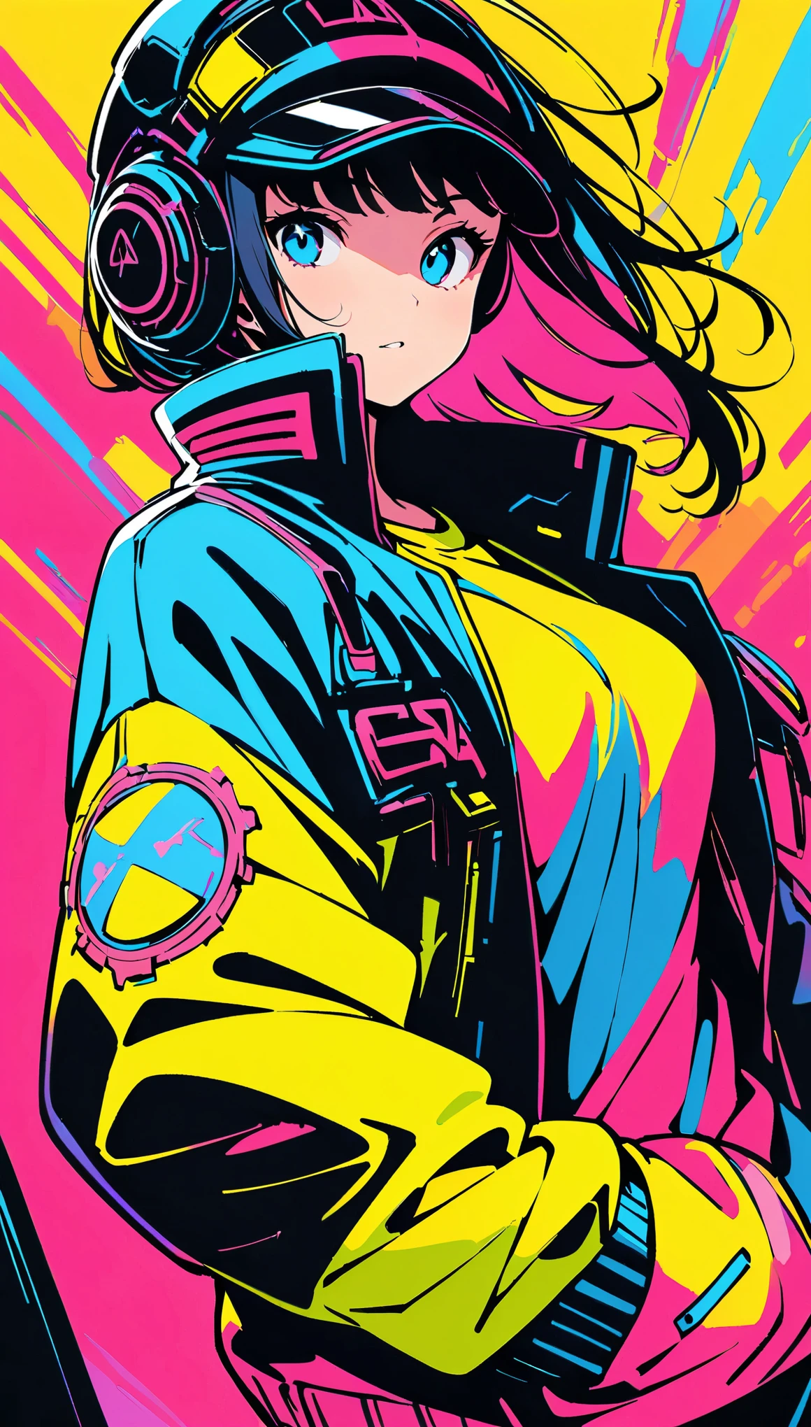 (high quality, 8K, 4k, high contrast, masterpiece:1.2, 最high quality, best aesthetics), (dynamic angle), ((1 female)), ((cyber punk)), ((flat color)), ((Colorful Art)),Helmet,riders jacket, looking at the viewer, Upper body, Colored Background, high contrast, Contrasting colors, cowboy shot,
