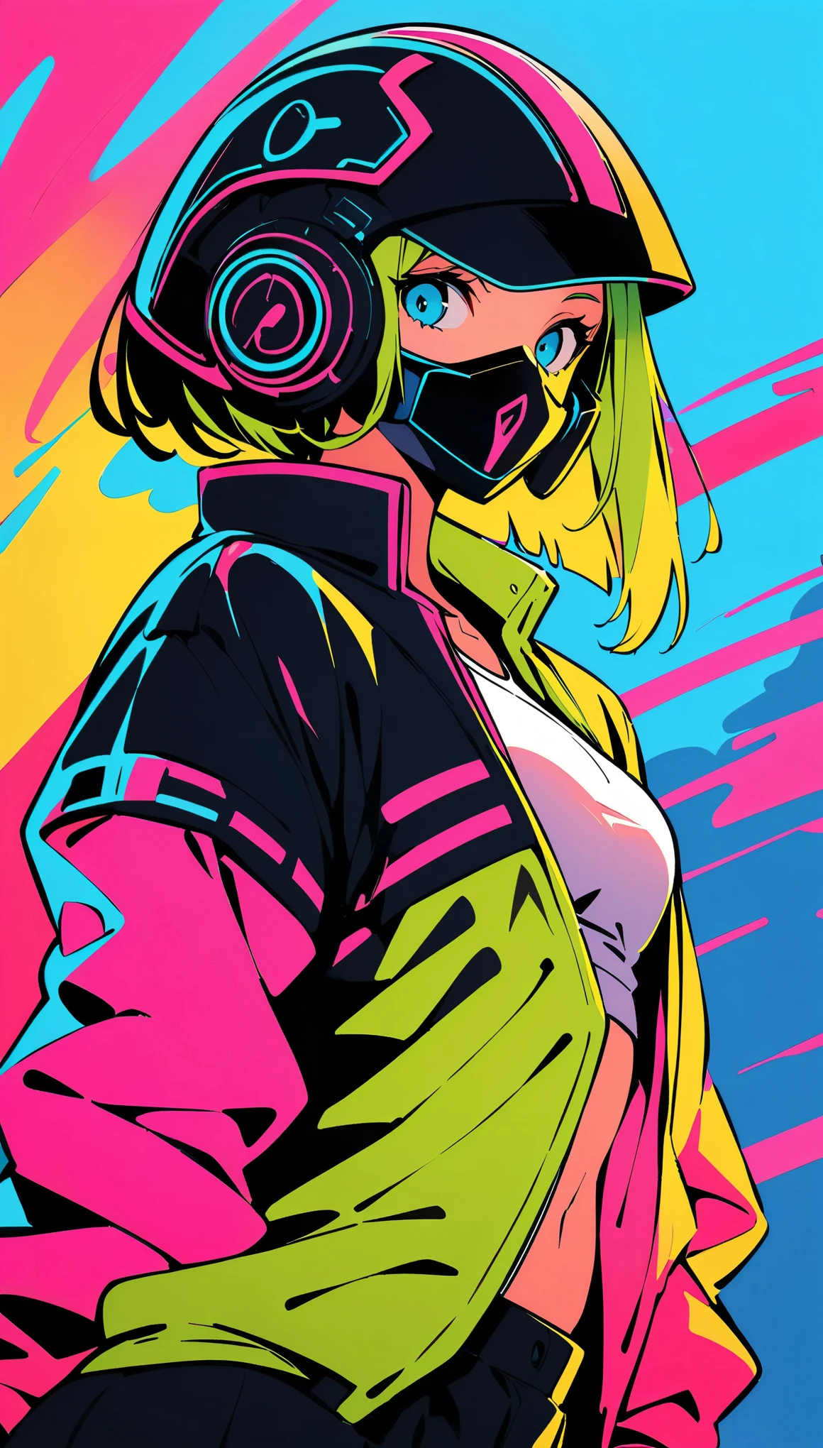 (high quality, 8K, 4k, high contrast, masterpiece:1.2, 最high quality, best aesthetics), (dynamic angle), ((1 female)), ((cyber punk)), ((flat color)), ((Colorful Art)),Helmet,riders jacket, looking at the viewer, Upper body, Colored Background, high contrast, Contrasting colors, cowboy shot,
