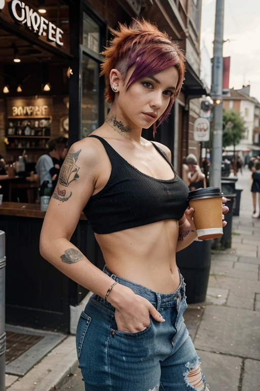 Pink & Orange Hair, Paint splattered top. fishnet sleeves, Jeans, Facial Piercings, ripped jeans, Cool Shape Shave, Multiple Ear Piercings, Mohawk-Inspired One-Side Buzz Cut, coffee shop background, takeaway costa coffee cup. big tits,