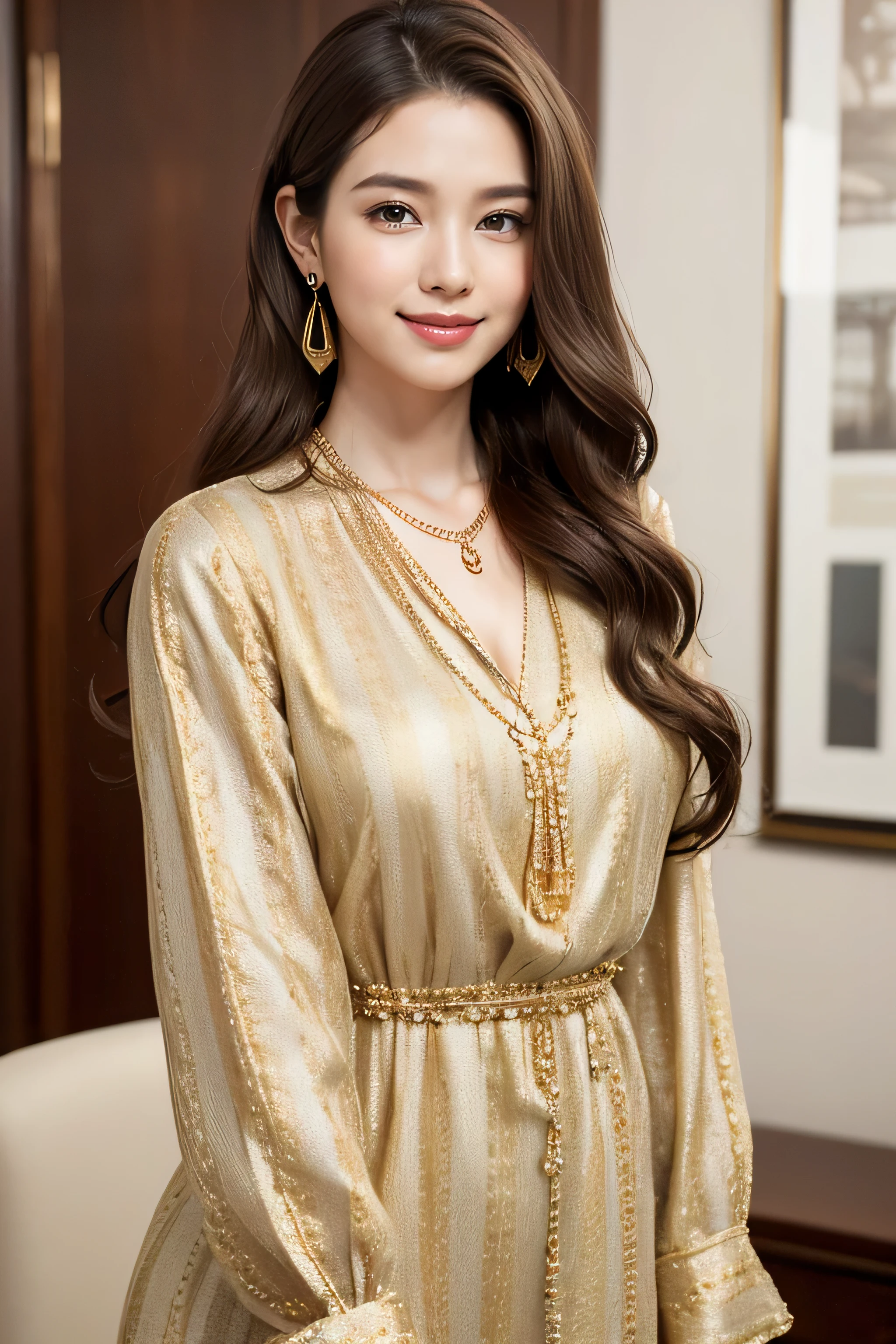 highest quality, masterpiece, 8K, ultra high resolution, (realistic: 1.4), 1 girl, beautiful face, symmetrical eyes, big, perfect body proportions, ((long hair))、((brown hair)), secretary、(luxury business suits)、The viewer&#39;s gaze, (president&#39;office、blurred background), Front view, Absolute area (1.3),friendly smile、seems kind、cowboy shot,((shy smile:1.3)),((gold necklace＿Large earrings:1.2)),((intricately patterned shirt dress)),((Hair with loose waves inside:1.2)),((Super long brown hair:1.2))