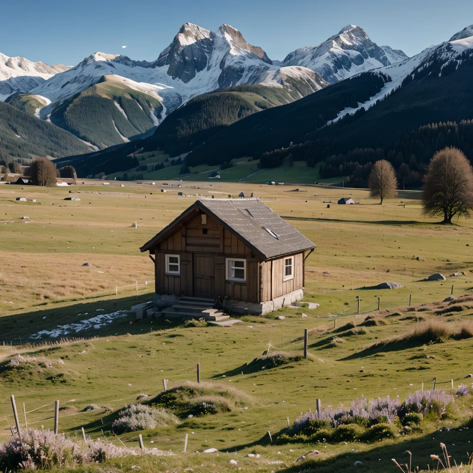 Landschaft, Berge, kein Schnee, See, Firs and other trees, Grasses, Mond mit Innenschatten, small hut, Stil eines 7. Classmates