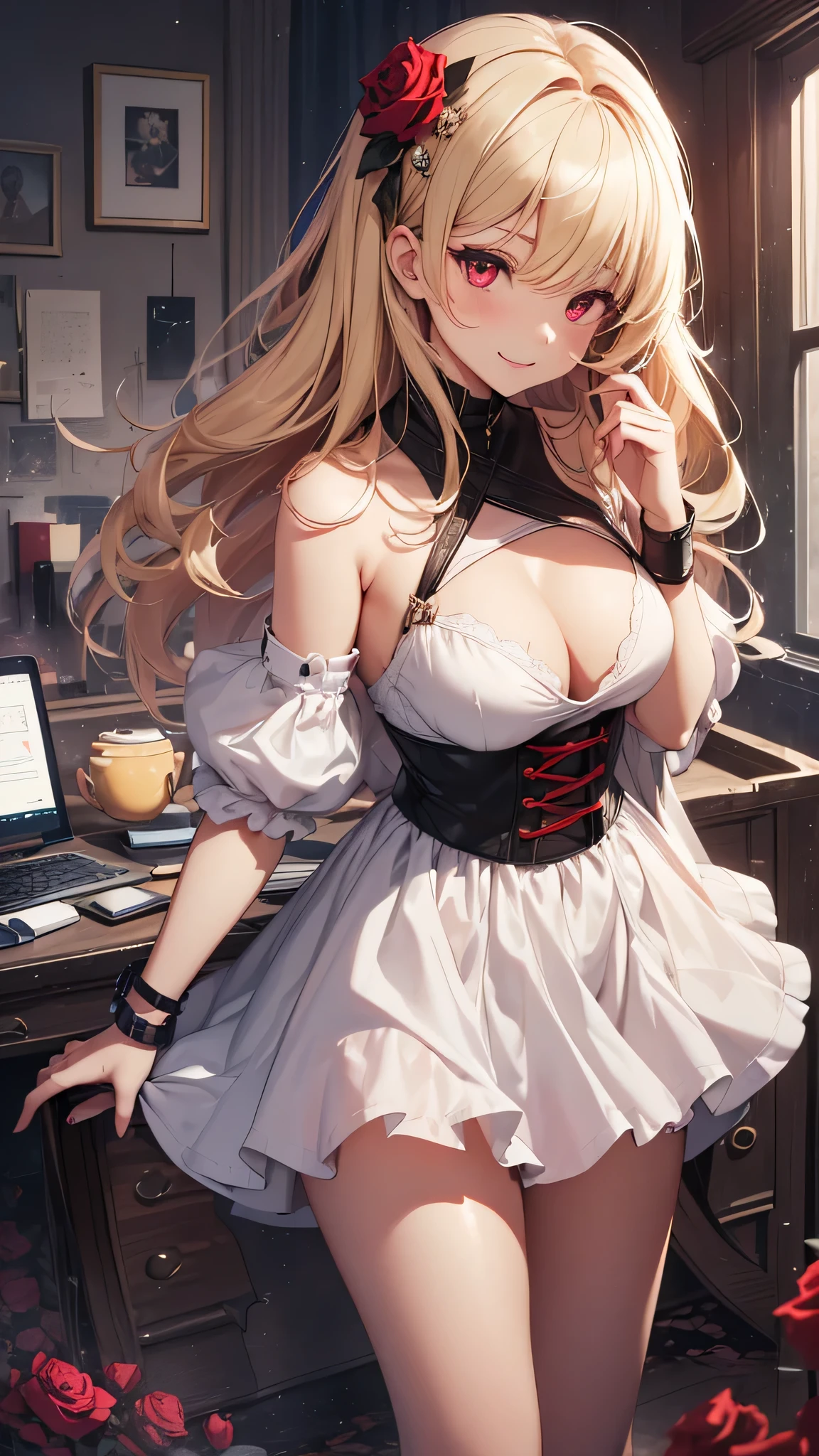 ((highest quality、High resolution、Highly detailed CG Unity 8K wallpaper))、detailed face、perfect body、unparalleled beauty、blonde、beautiful breasts、tits、nipple、spread your legs wide、a sexually excited look、sexy dress with detailed decoration、skirt、((She is seducing me by showing me no panties))、((she asks me to have sex))、(Love juice dripping from the vagina)