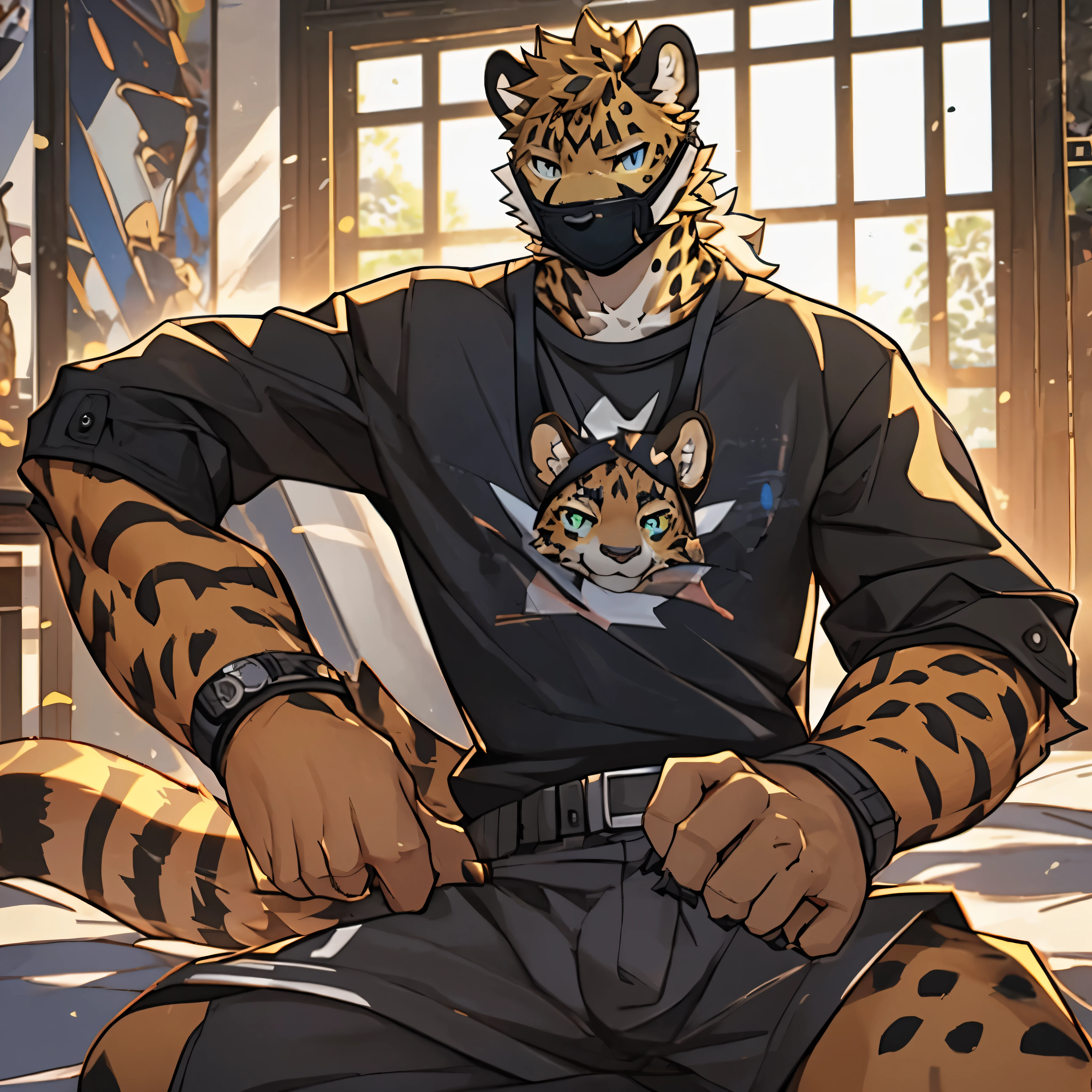 Cheetah,furry,anthro,male,(solo:1.3), juvenile, Cheetah ears,golden fur,casual clothing,wearing face mask,((face mask)),perfect anatomy,Clear Detail,best quality,masterpiece,clear eyes, detailed background,bedroom, live streaming,  looking at viewer, (detailed eyes,bright pupils),