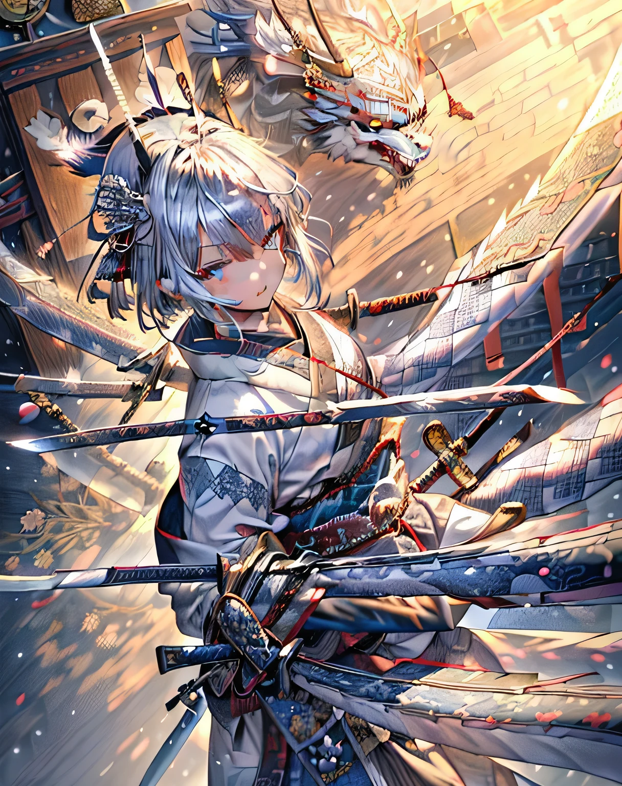 Silver hair, short hair, bangs covering right eye, good looking, kimono, pattern that looks like blue dragon scales, haori, open chest, ((((long sword bundle on waist / NovelAI)))), ((((bundle of swords / NovelAI))))
(((bundle of swords with bells attached))), ((clock face in background))
