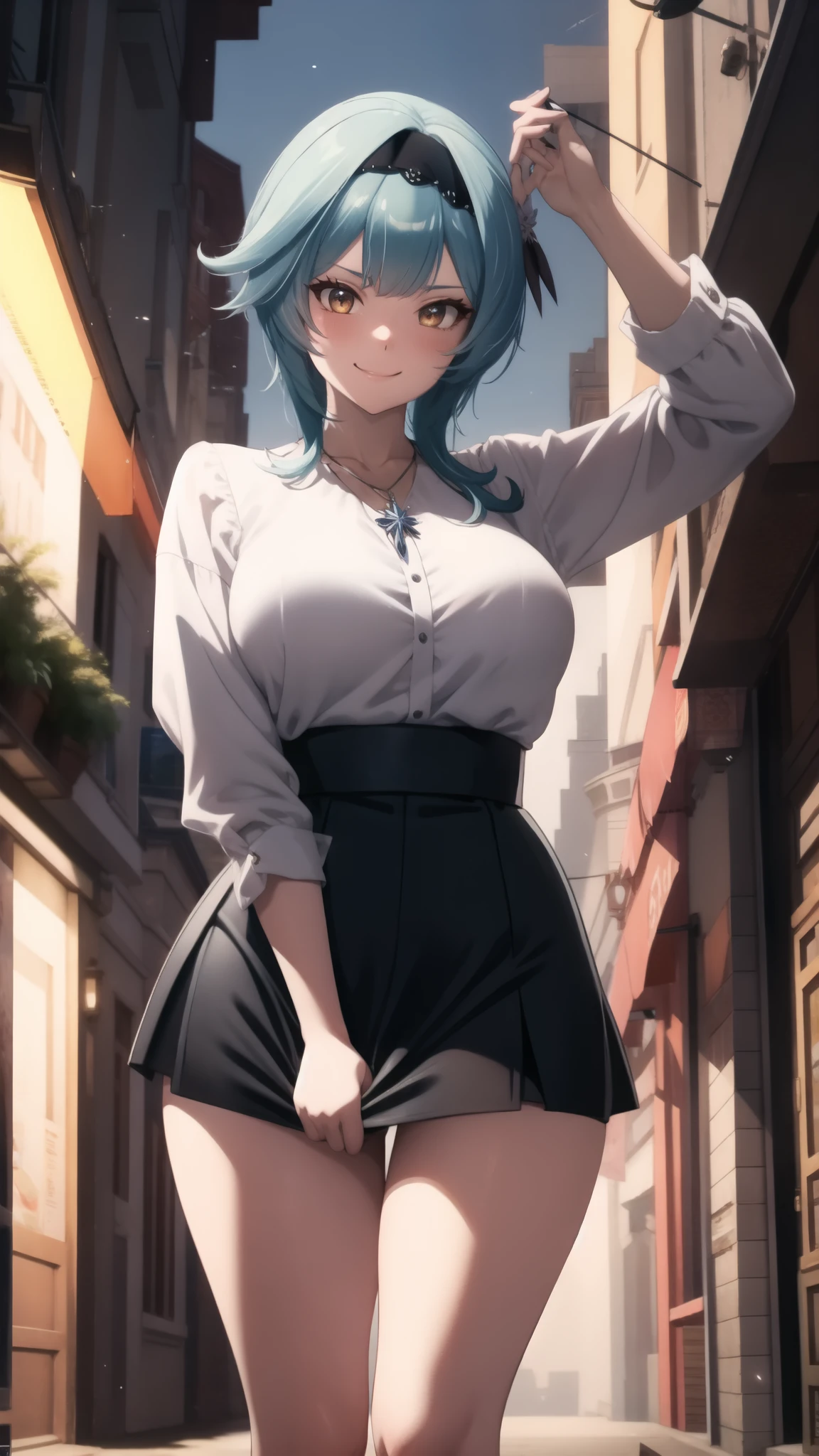 absurdres, highres, highly detailed, (official art, beautiful and aesthetic:1.2), ultra detail, beautiful face, ((mature female)), 1women, from above, Eula, black hairband, blue hair, hair ornament, hairband, short hair, yellow eyes, blushing, loving smile, wide hips, thicc thighs, necklace, ((blouse and span skirt)), ((seductive pose)), (city at nights), dynamic lighting, dynamic shadows