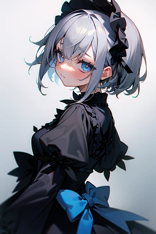 short gray hair, blush, Gothic ta、punk fashion、Headbang 2.、Blue and black clothes、Clean your eyes、