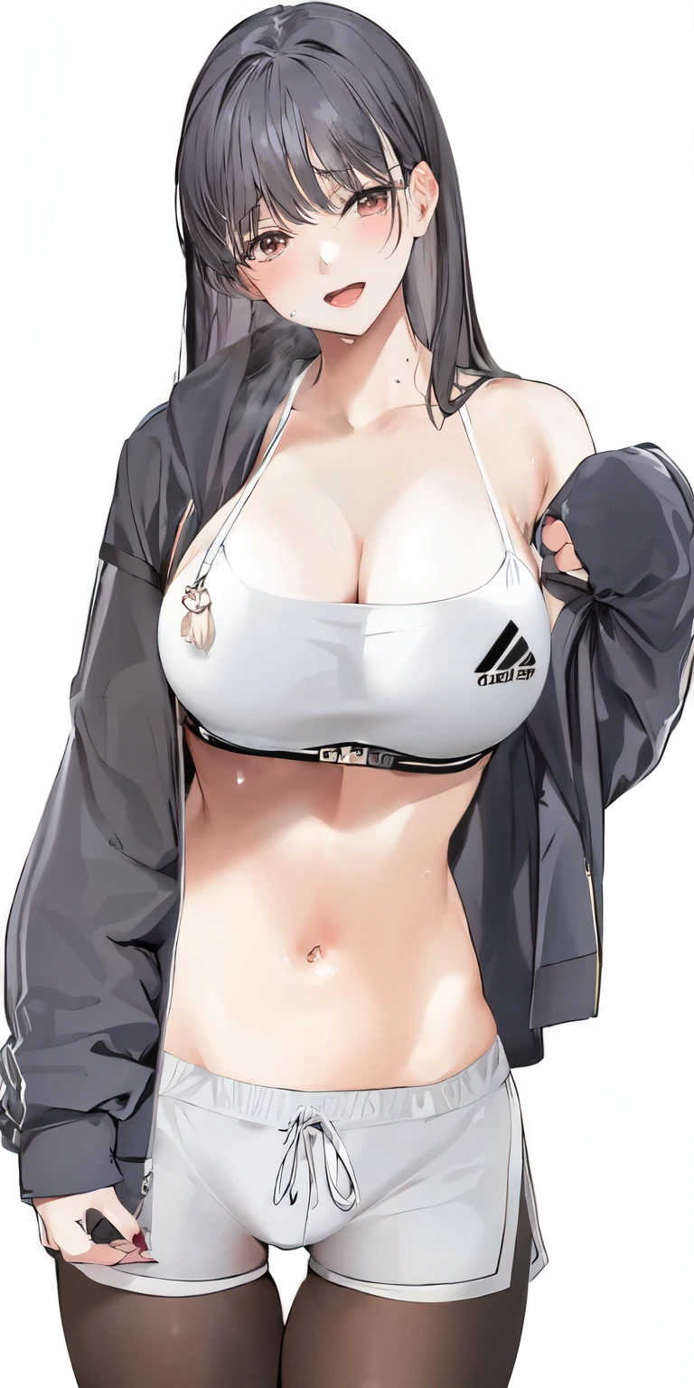 Anime girl with big breasts wearing white bra top and black shorts, Hinata Higa, Tifa lockhart, from girls frontline, fascinating anime girl, oppai, revealing clothes, Tifa lockhart with white hair, Marine Kitagawa fanart, Tifa lockheart, Tifa, fine details. girls frontline, Animation Moe Artstyle, Tsk tsk